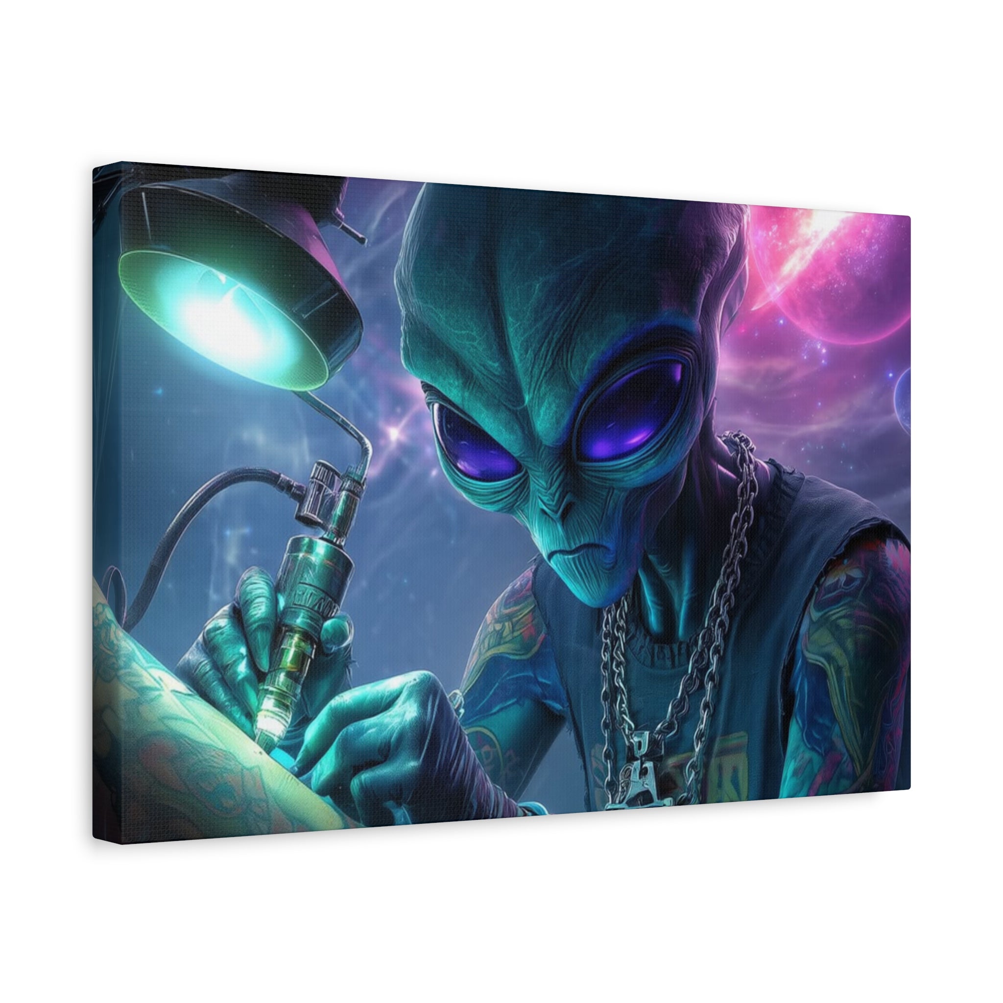 Alien Tattoo Artist Matte Canvas Print — Sci‑Fi Wall Art for Gamers & Nerd Decor