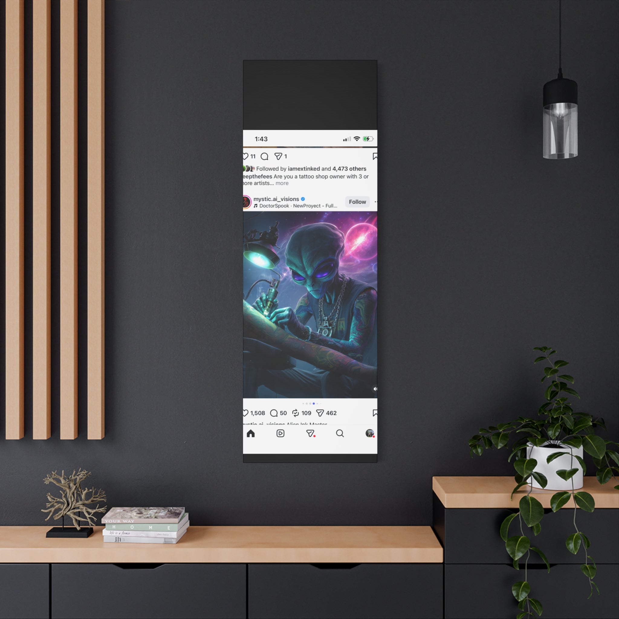Alien Tattoo Artist Matte Canvas Print — Sci‑Fi Wall Art for Gamers & Nerd Decor