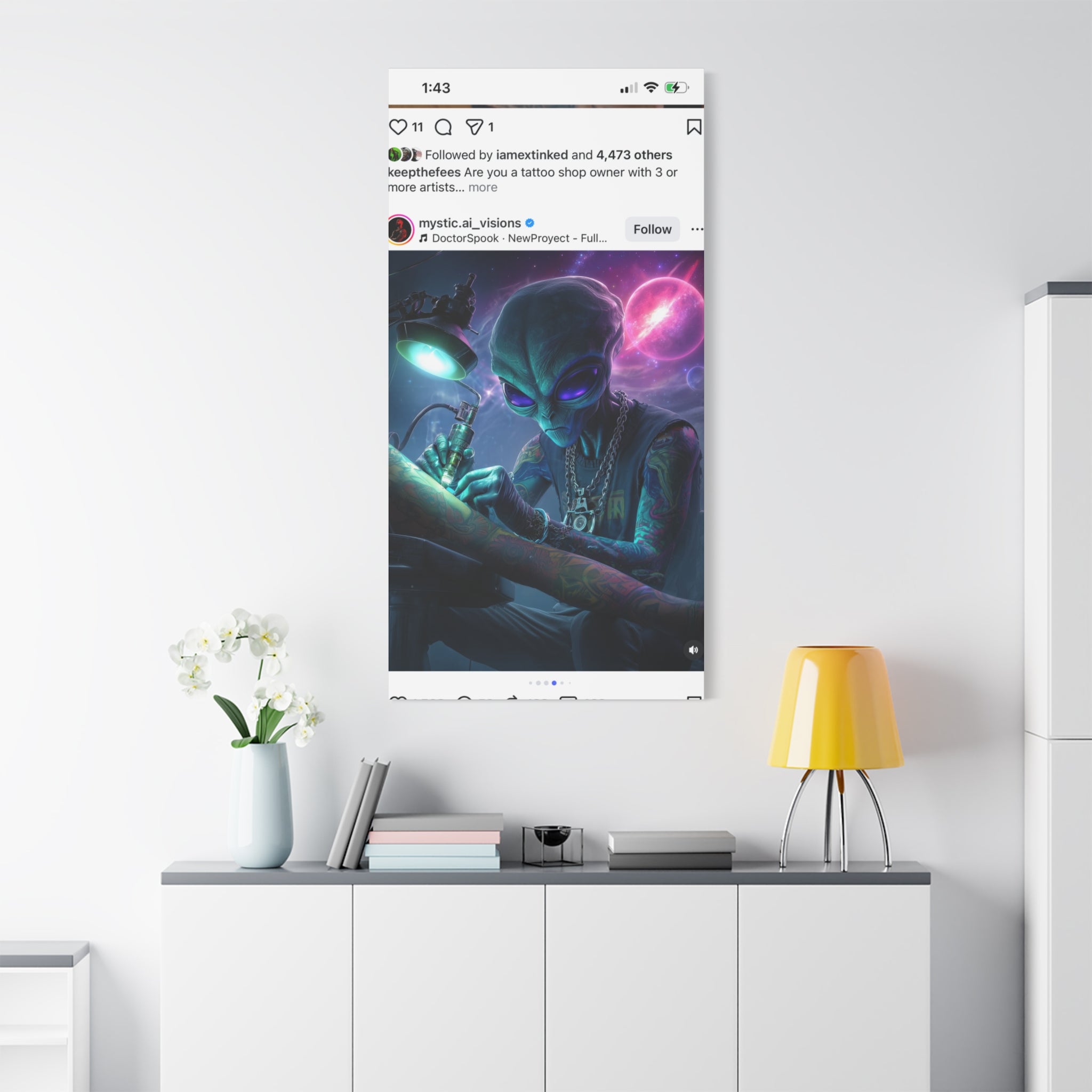 Alien Tattoo Artist Matte Canvas Print — Sci‑Fi Wall Art for Gamers & Nerd Decor