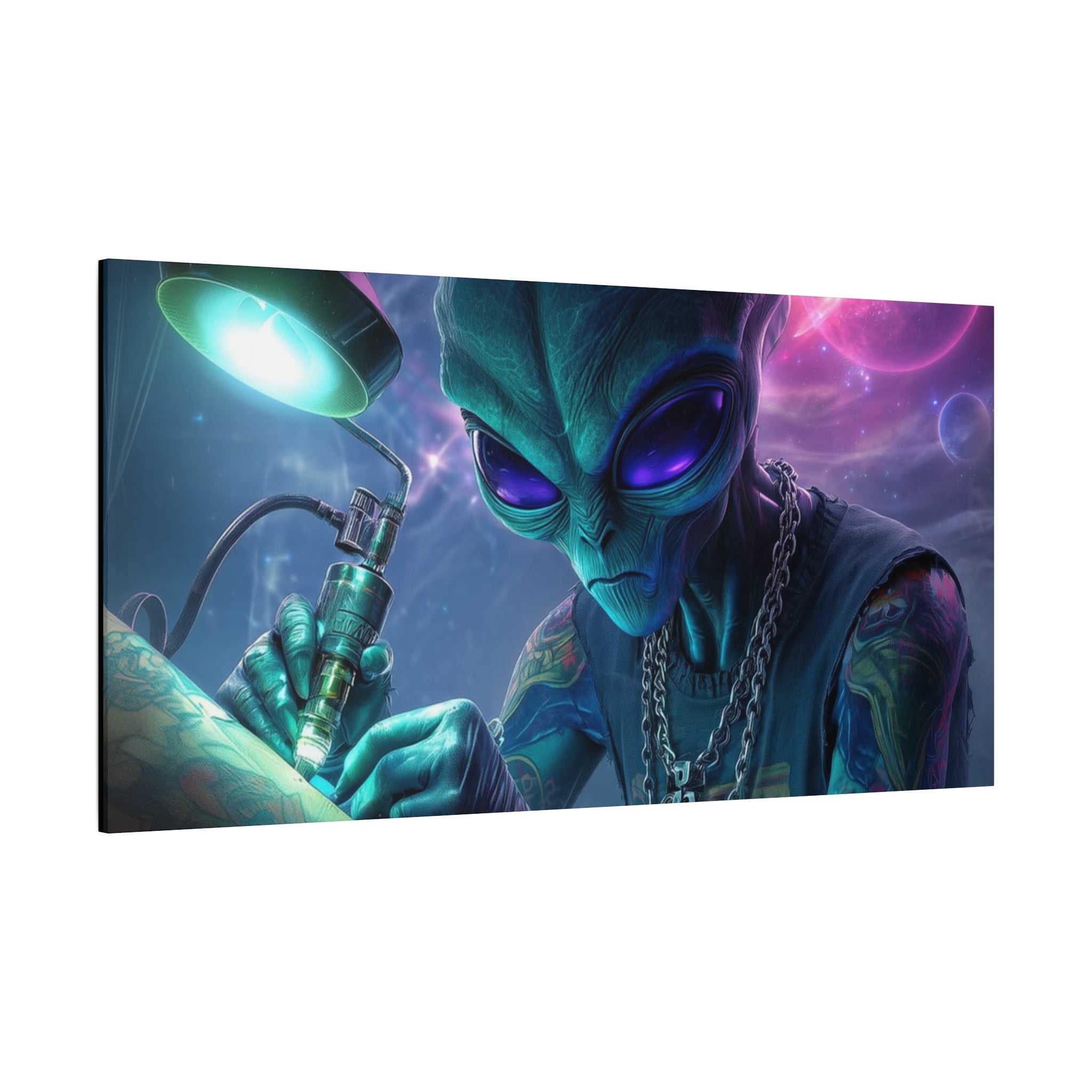 Alien Tattoo Artist Matte Canvas Print — Sci‑Fi Wall Art for Gamers & Nerd Decor