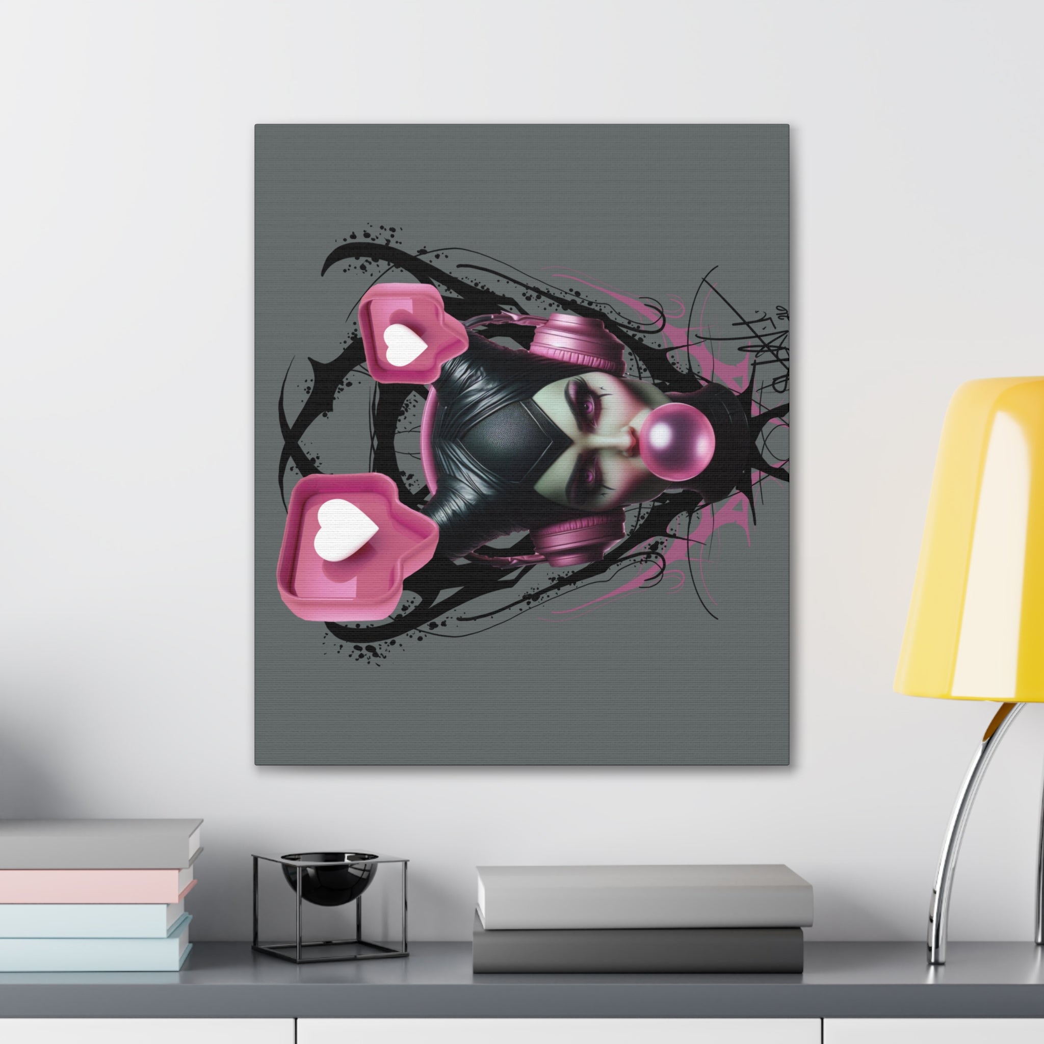 Gothic Pop Art Canvas Print — Pink Headphones & Bubblegum Femme