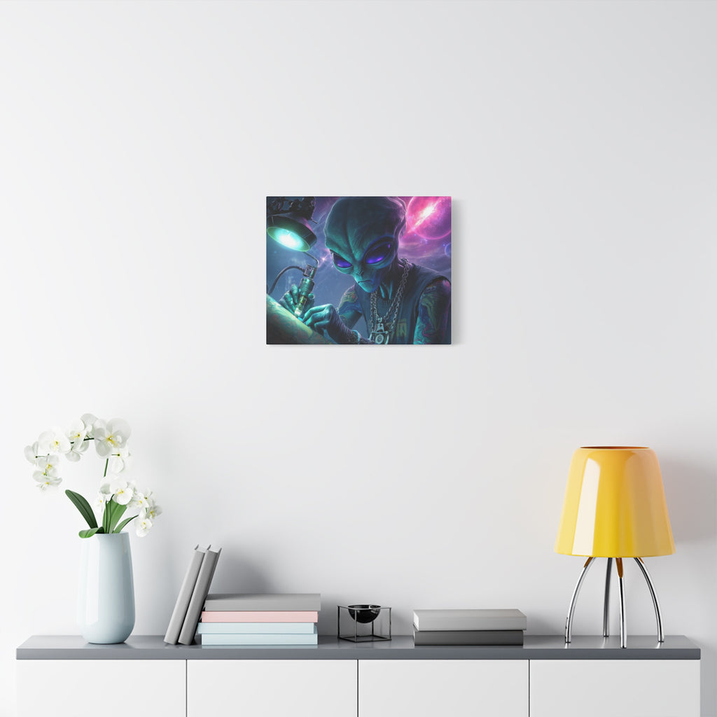 Alien Tattoo Artist Matte Canvas Print — Sci‑Fi Wall Art for Gamers & Nerd Decor