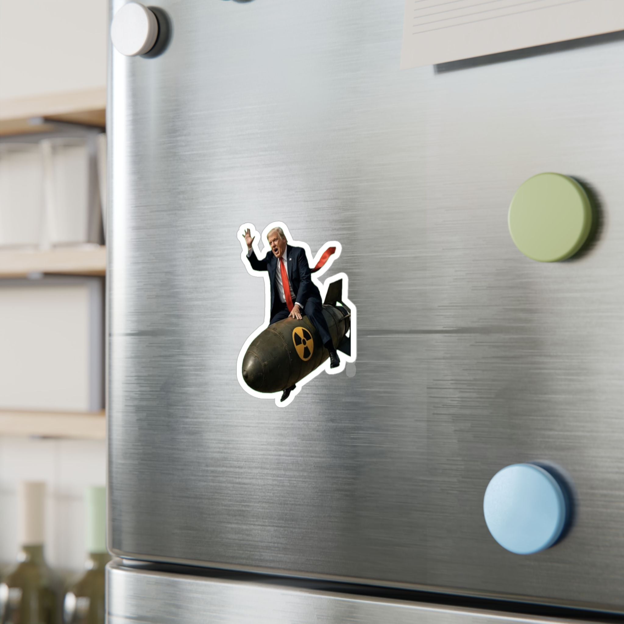 Political Satire Vinyl Sticker — Man Riding Nuclear Bomb Kiss-Cut Decal