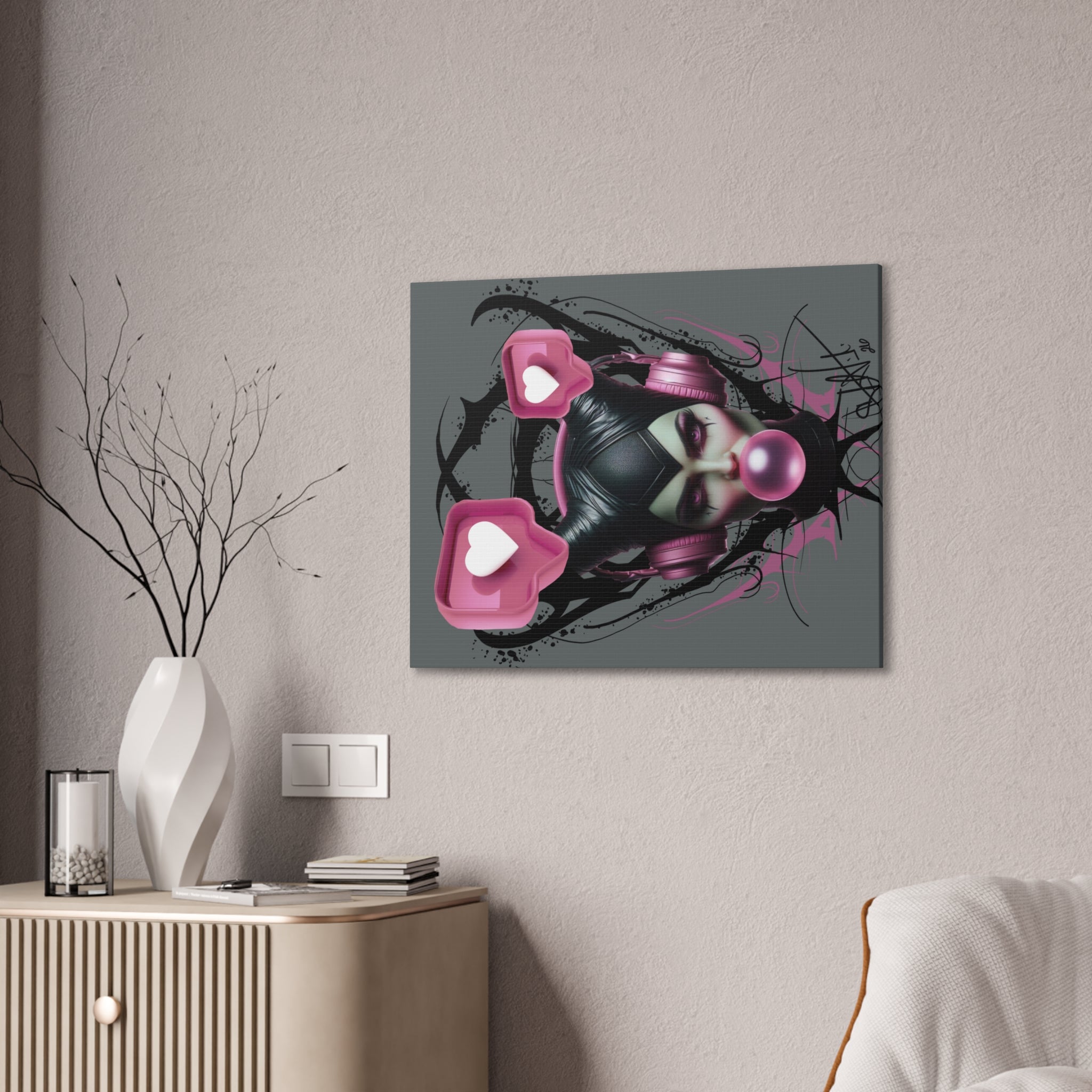 Gothic Pop Art Canvas Print — Pink Headphones & Bubblegum Femme