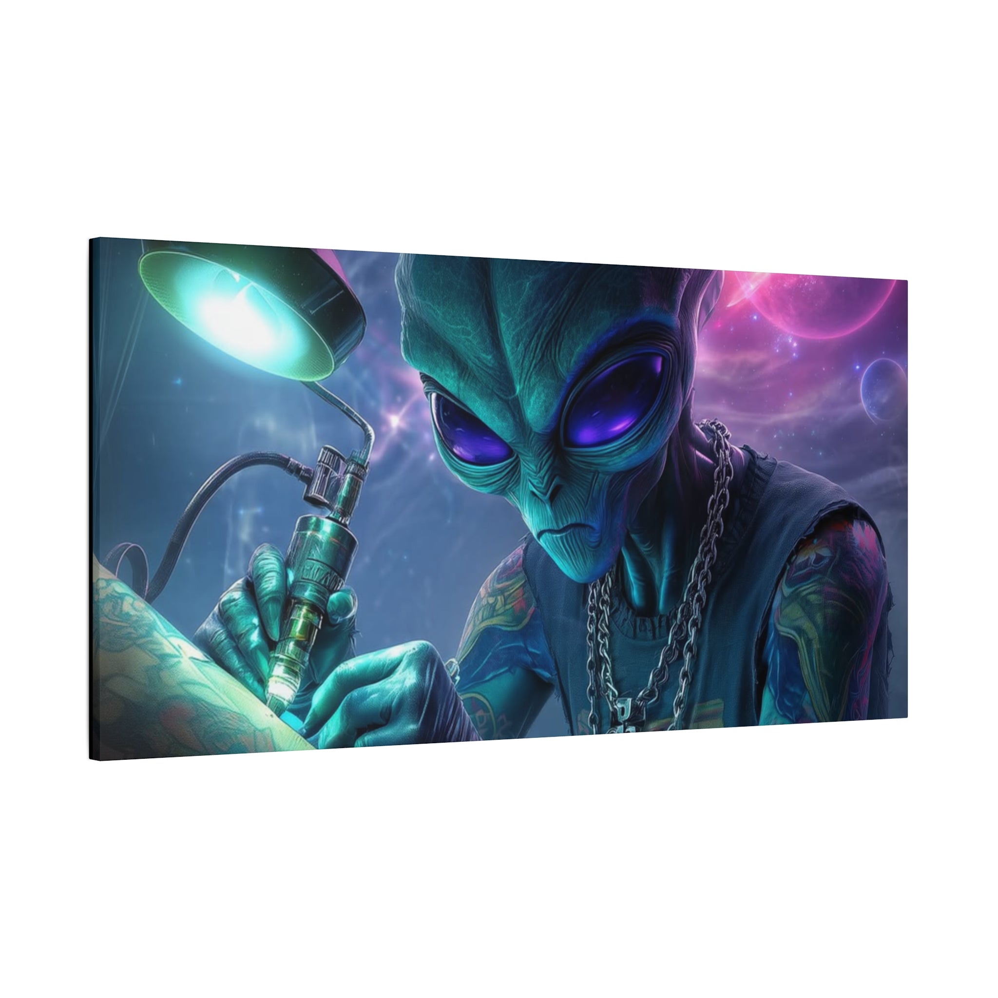 Alien Tattoo Artist Matte Canvas Print — Sci‑Fi Wall Art for Gamers & Nerd Decor