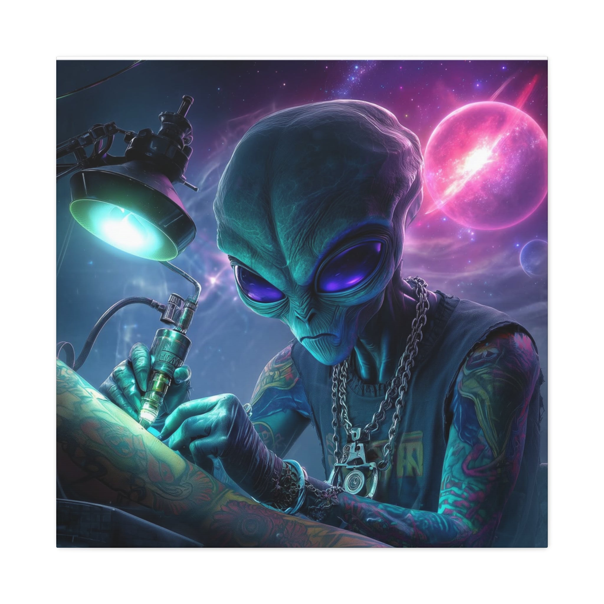 Alien Tattoo Artist Matte Canvas Print — Sci‑Fi Wall Art for Gamers & Nerd Decor