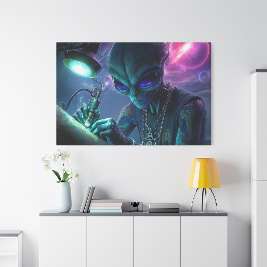 Alien Tattoo Artist Matte Canvas Print — Sci‑Fi Wall Art for Gamers & Nerd Decor