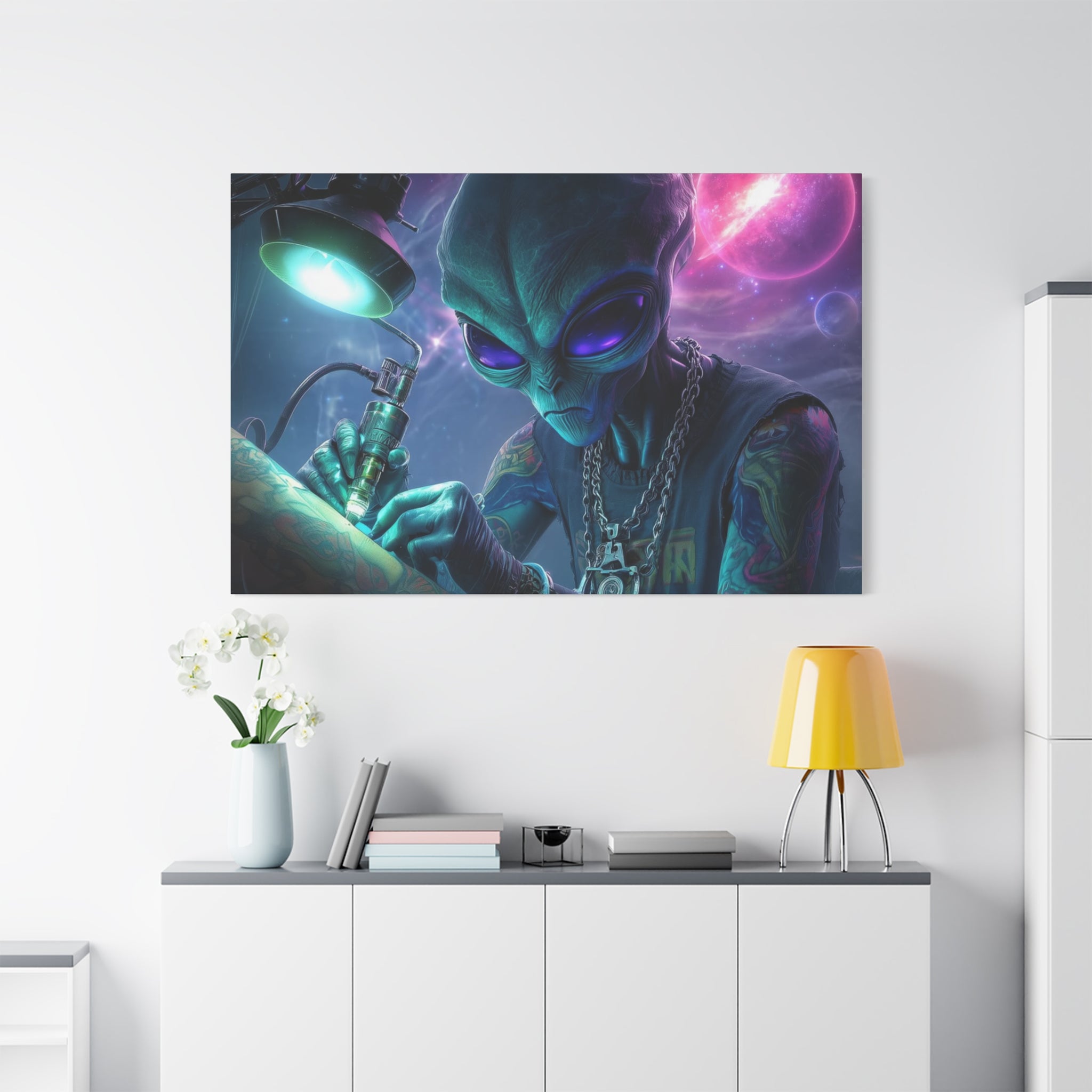 Alien Tattoo Artist Matte Canvas Print — Sci‑Fi Wall Art for Gamers & Nerd Decor
