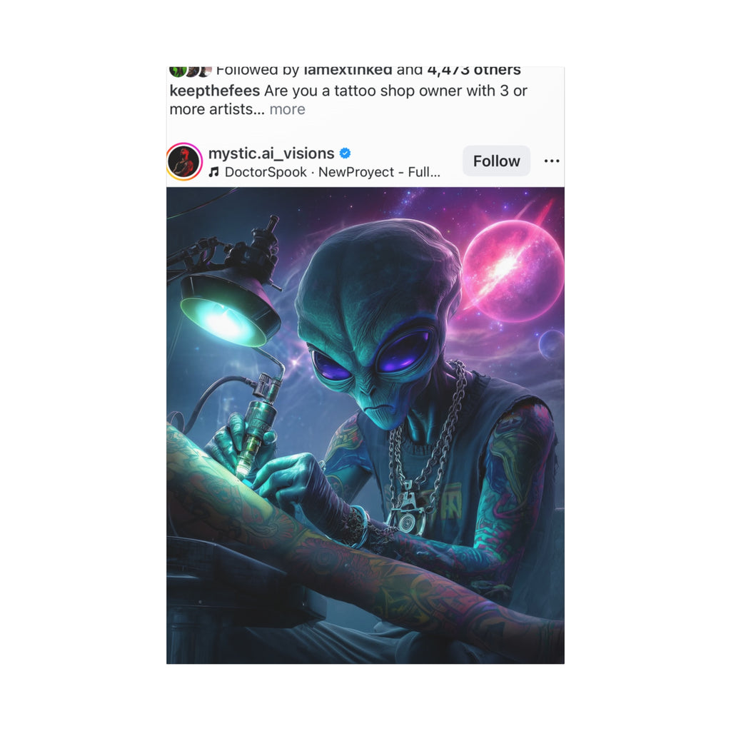 Alien Tattoo Artist Matte Canvas Print — Sci‑Fi Wall Art for Gamers & Nerd Decor