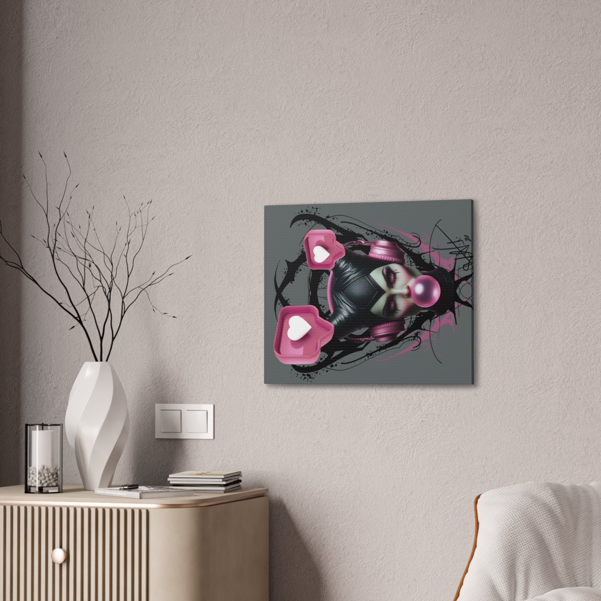 Gothic Pop Art Canvas Print — Pink Headphones & Bubblegum Femme