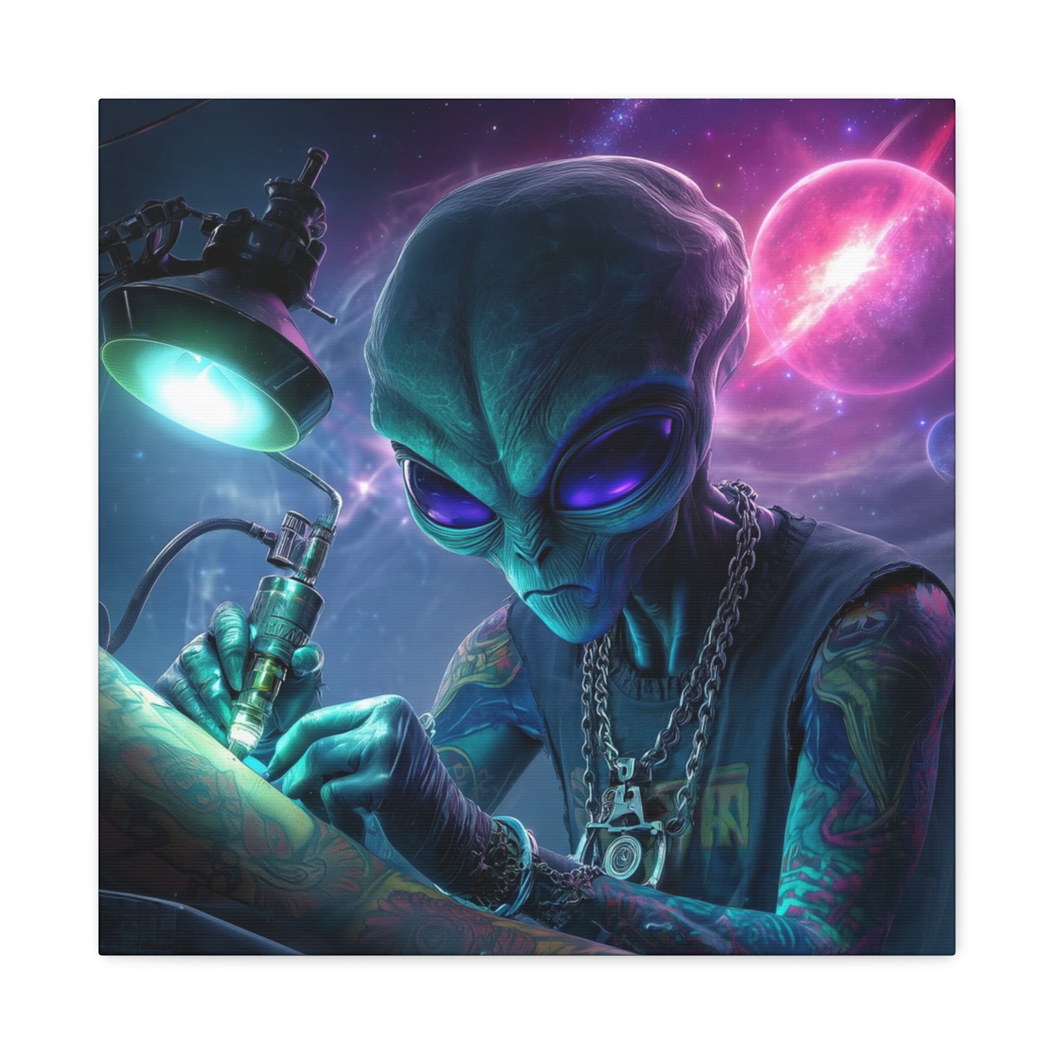 Alien Tattoo Artist Matte Canvas Print — Sci‑Fi Wall Art for Gamers & Nerd Decor