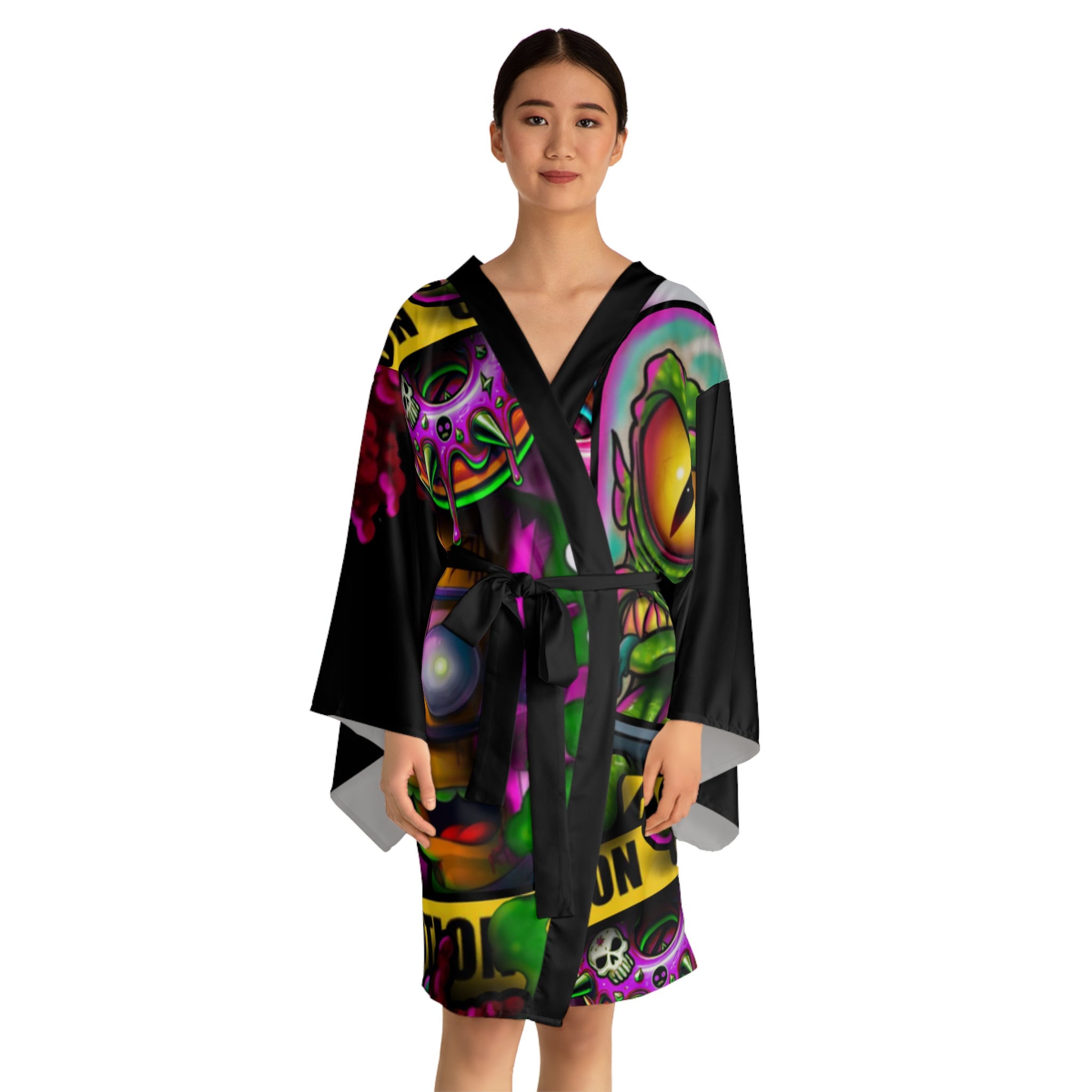 Psychedelic Caution Monster Kimono Robe - Neon Horror Graphic Long Sleeve