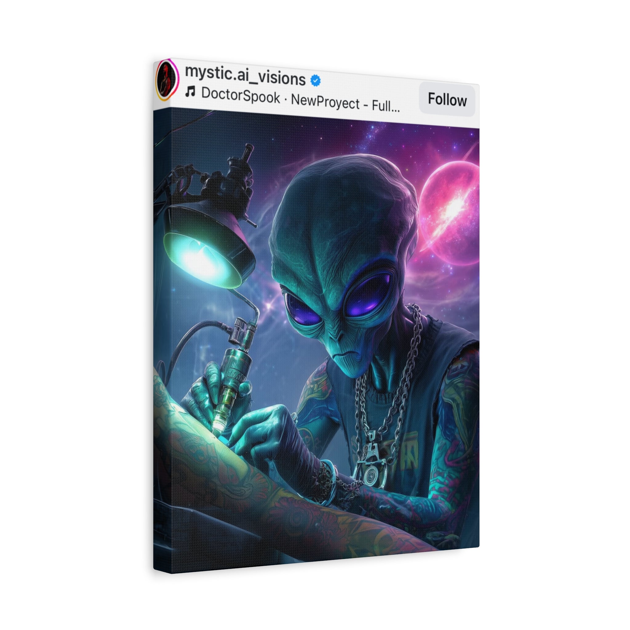 Alien Tattoo Artist Matte Canvas Print — Sci‑Fi Wall Art for Gamers & Nerd Decor
