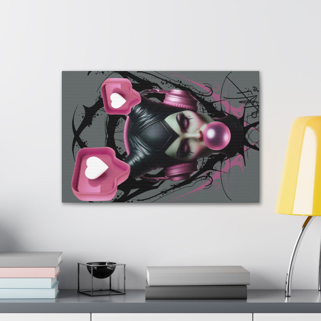 Gothic Pop Art Canvas Print — Pink Headphones & Bubblegum Femme