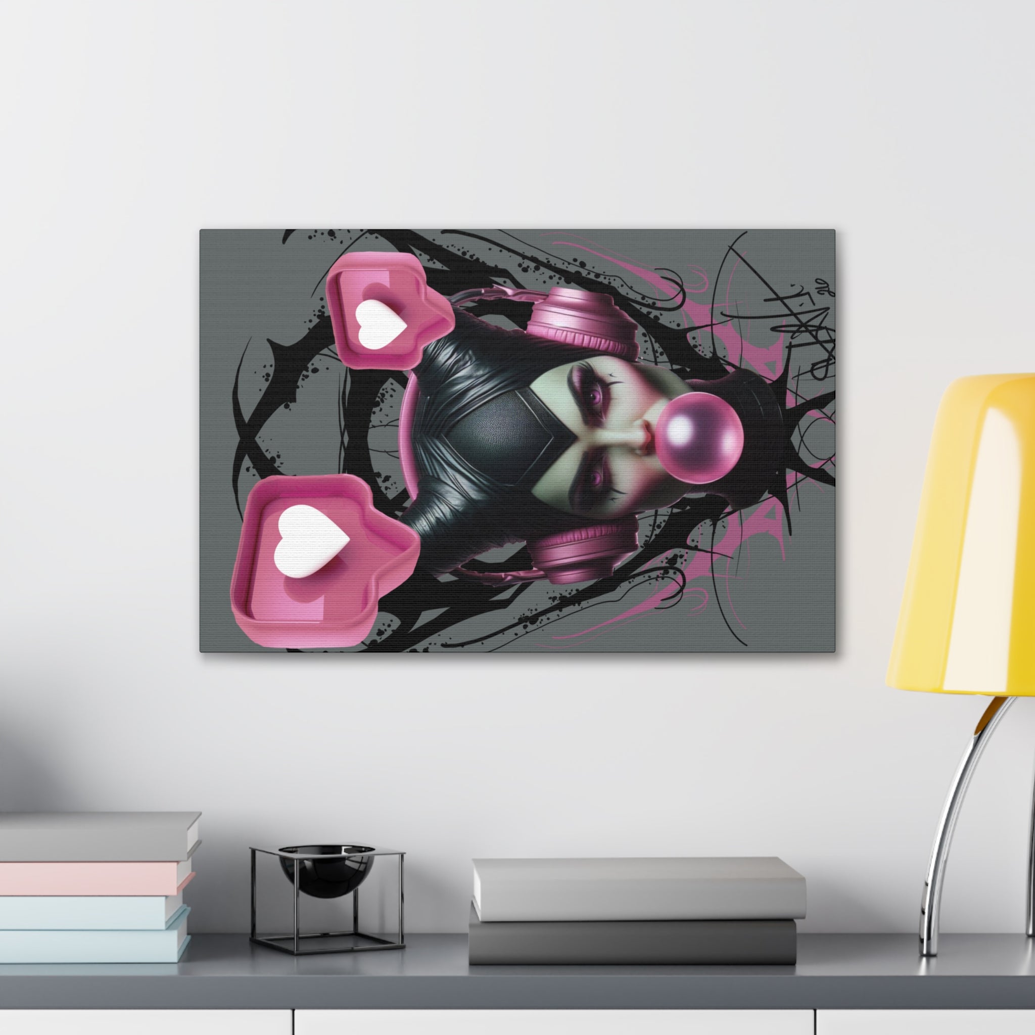 Gothic Pop Art Canvas Print — Pink Headphones & Bubblegum Femme