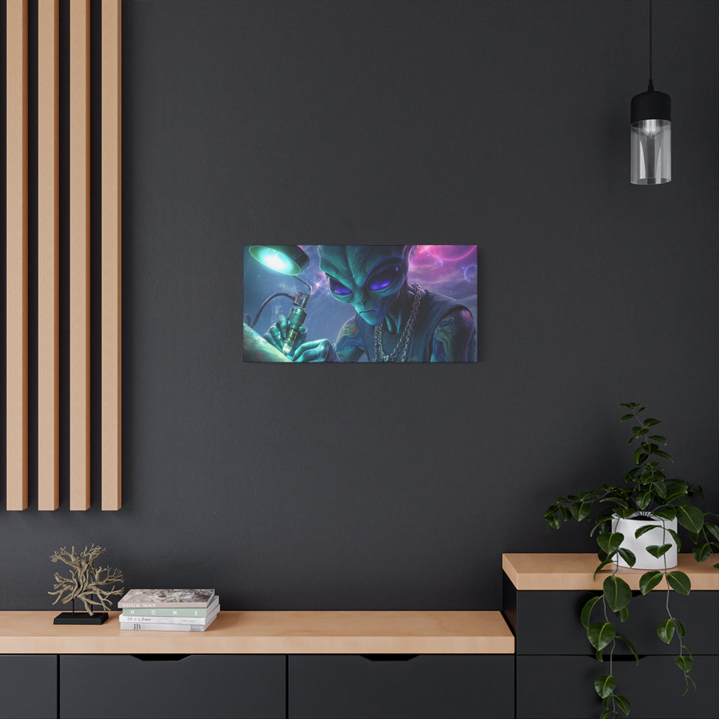 Alien Tattoo Artist Matte Canvas Print — Sci‑Fi Wall Art for Gamers & Nerd Decor