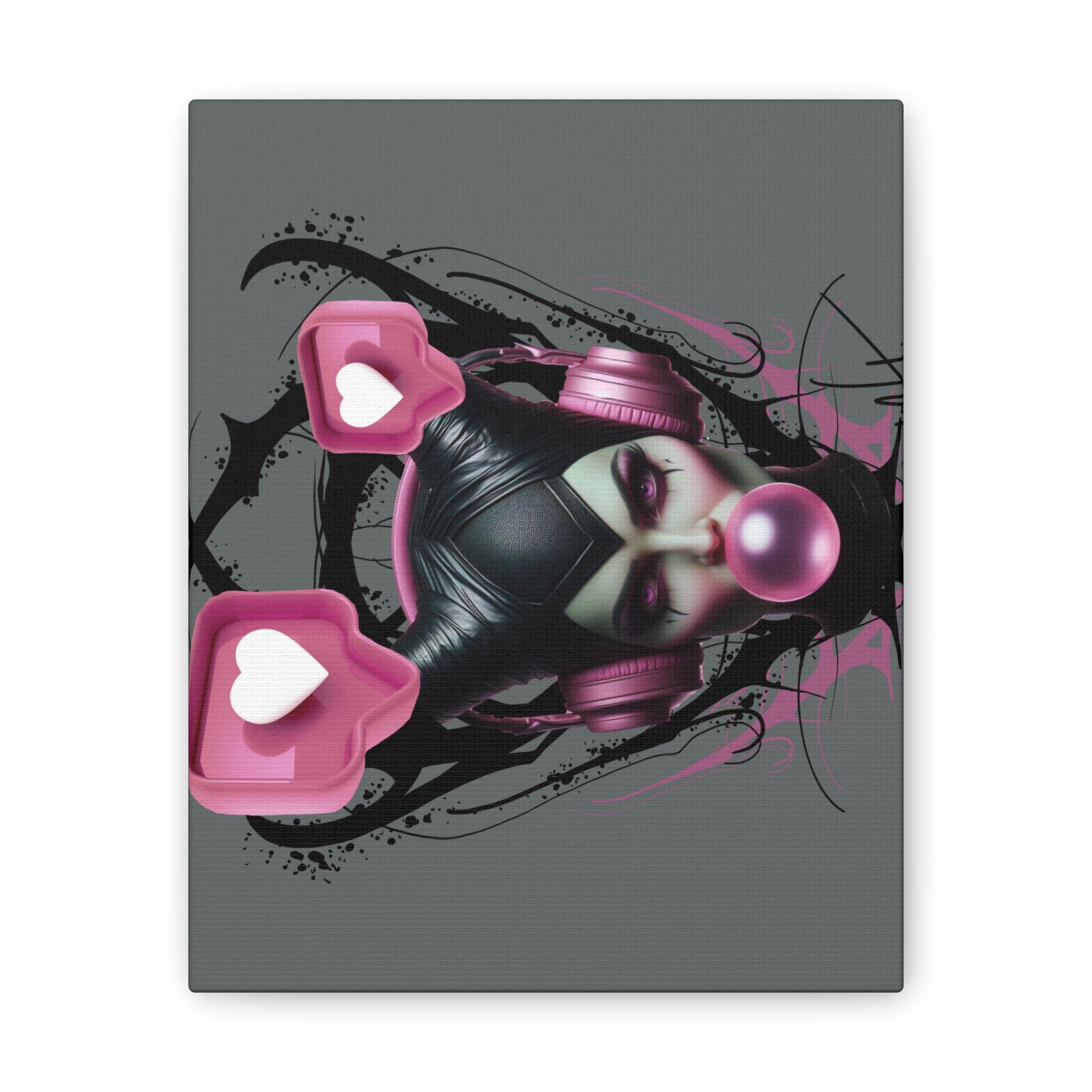 Gothic Pop Art Canvas Print — Pink Headphones & Bubblegum Femme