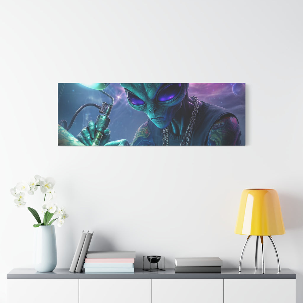 Alien Tattoo Artist Matte Canvas Print — Sci‑Fi Wall Art for Gamers & Nerd Decor