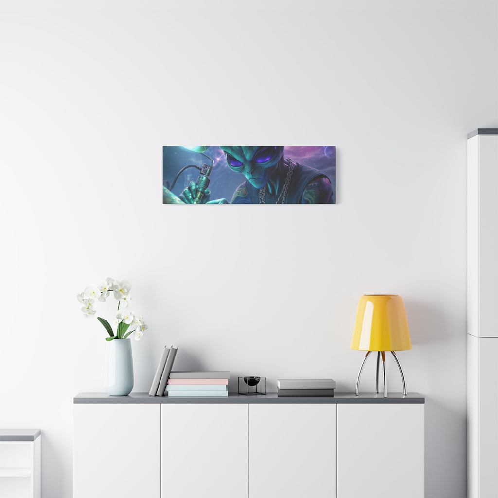 Alien Tattoo Artist Matte Canvas Print — Sci‑Fi Wall Art for Gamers & Nerd Decor
