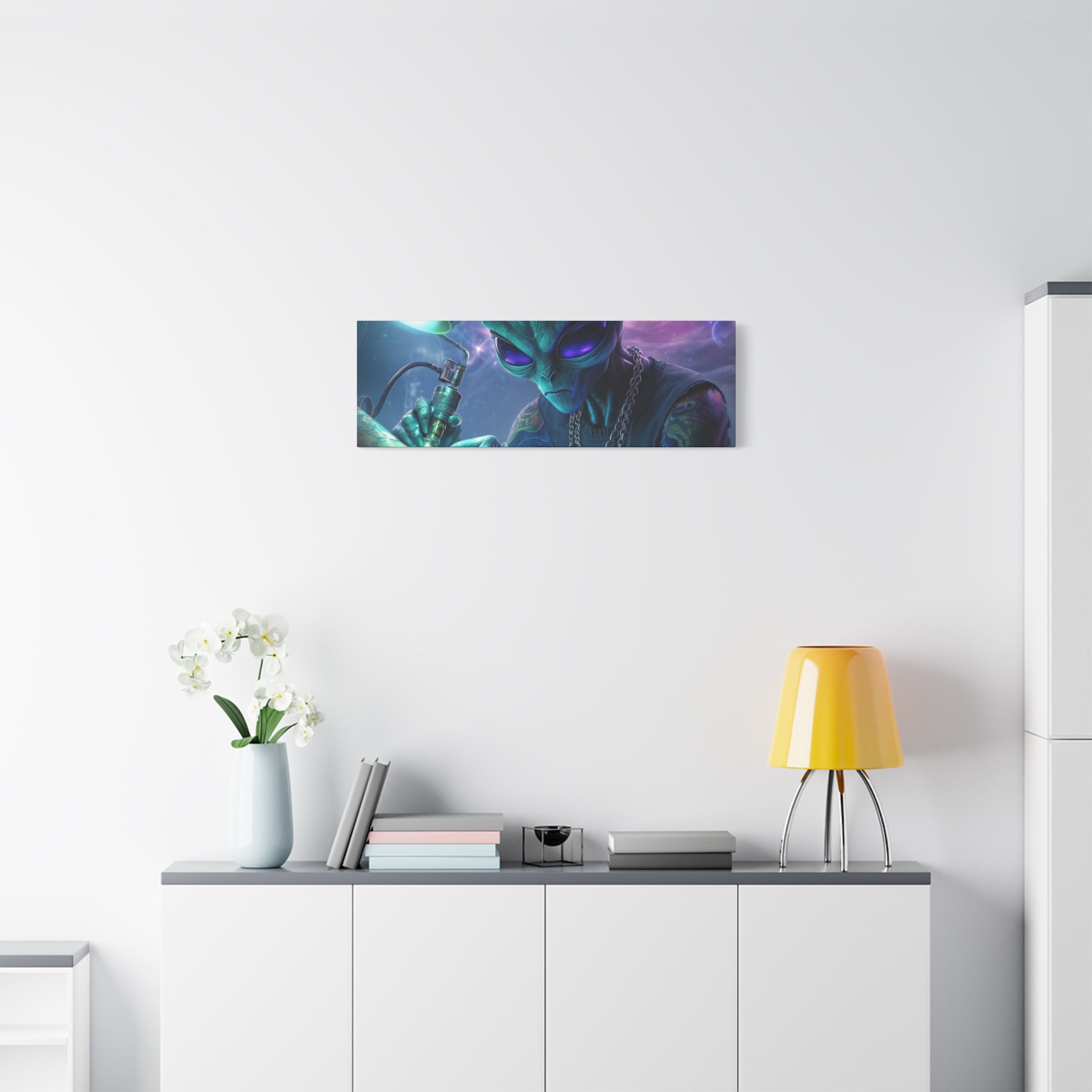 Alien Tattoo Artist Matte Canvas Print — Sci‑Fi Wall Art for Gamers & Nerd Decor