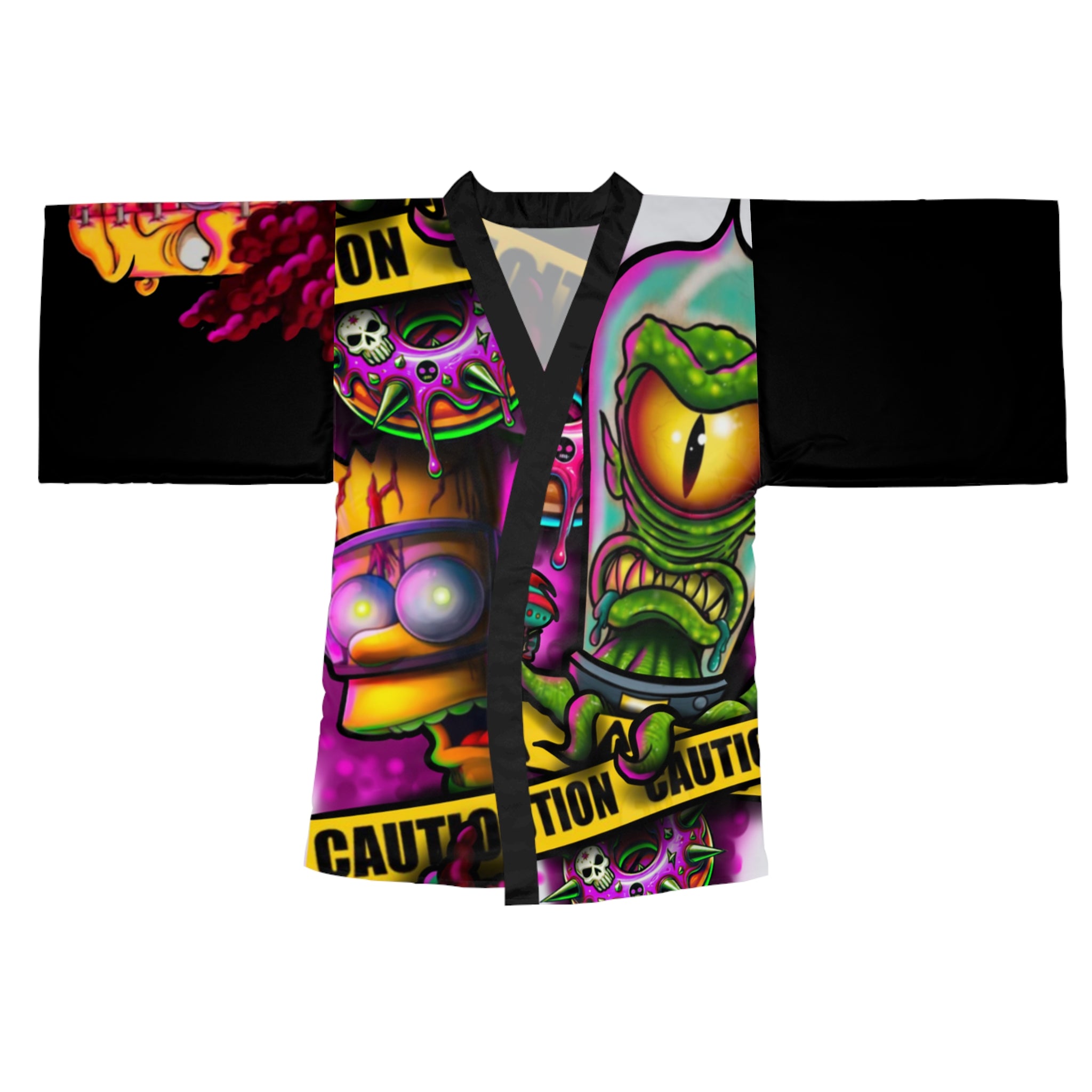 Psychedelic Caution Monster Kimono Robe - Neon Horror Graphic Long Sleeve