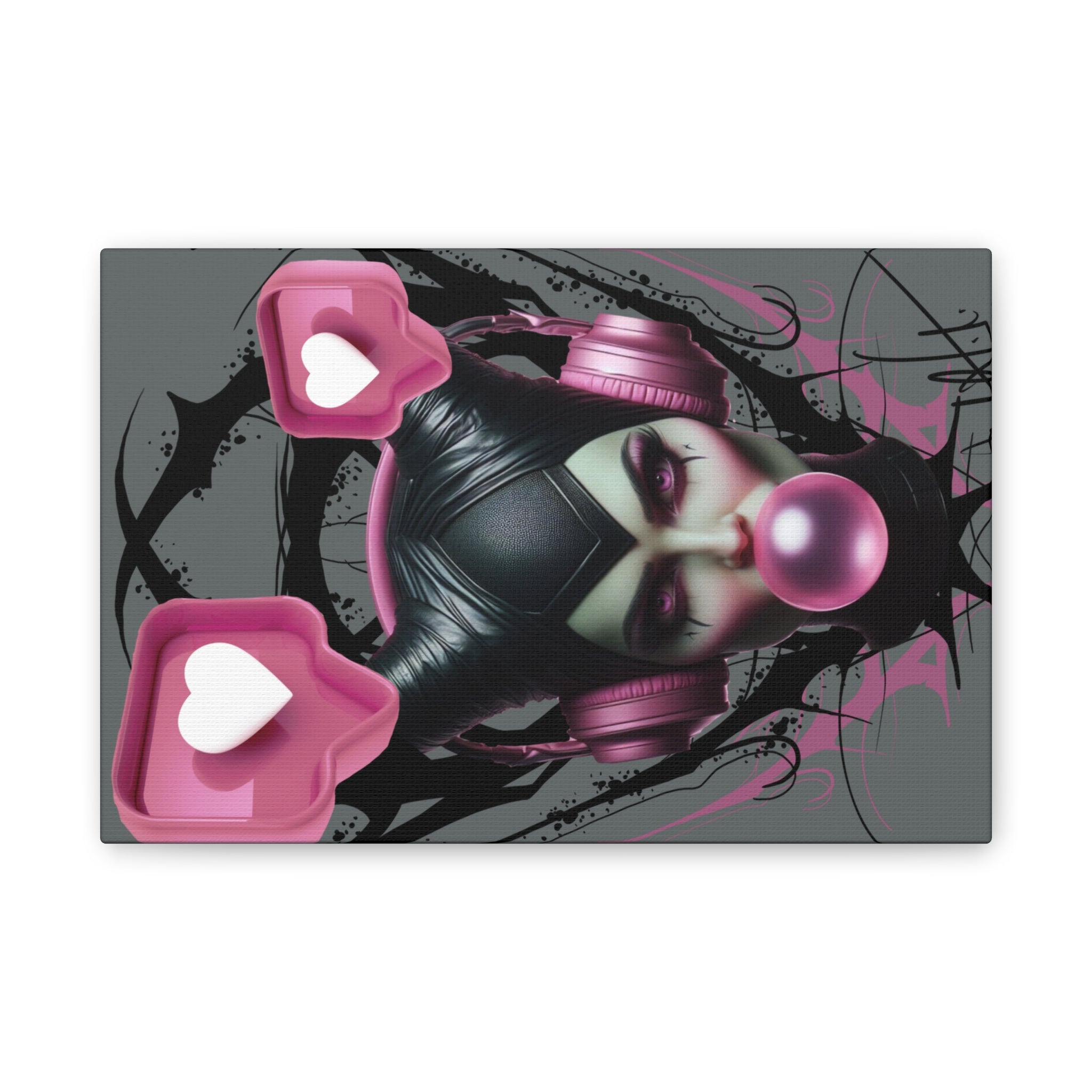 Gothic Pop Art Canvas Print — Pink Headphones & Bubblegum Femme