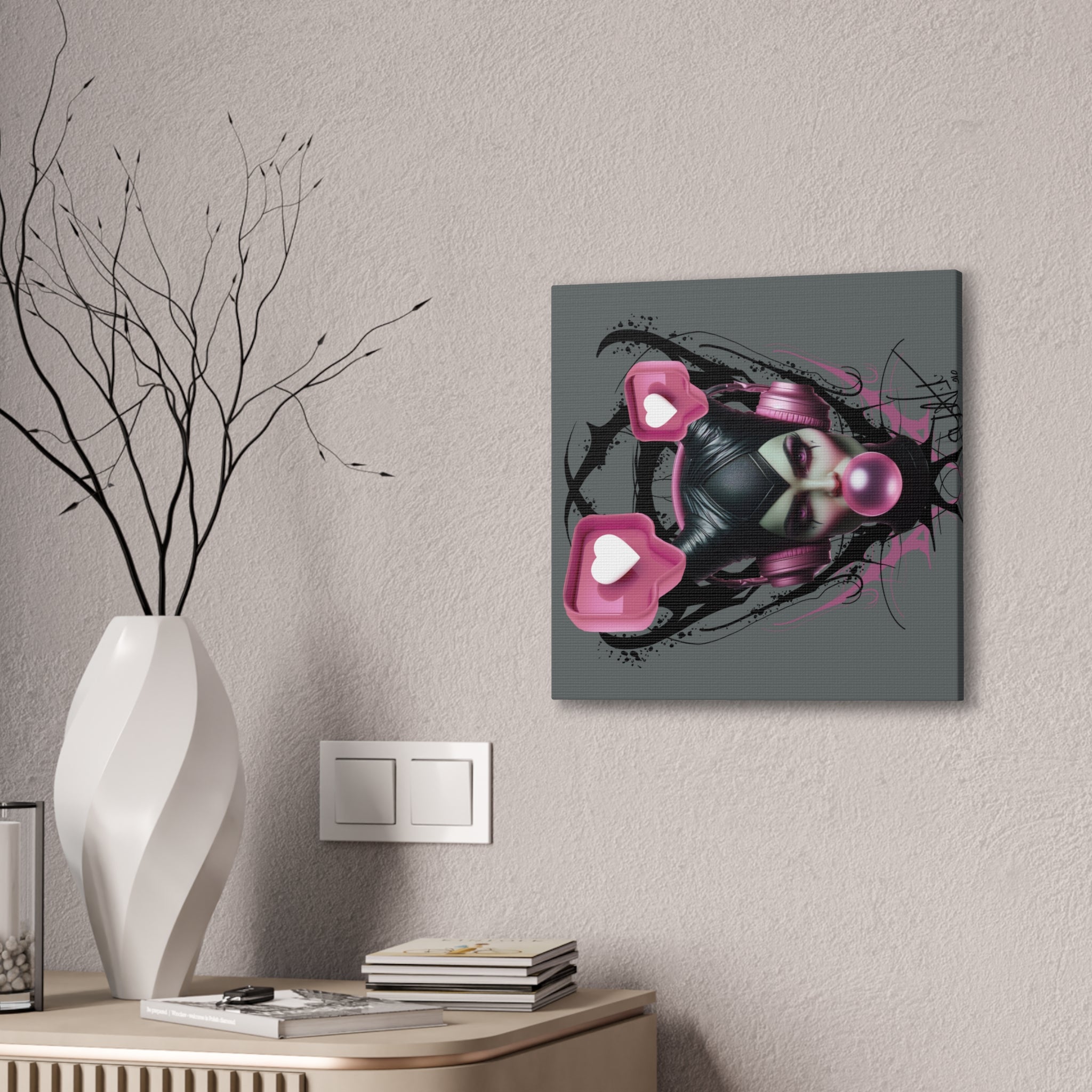 Gothic Pop Art Canvas Print — Pink Headphones & Bubblegum Femme