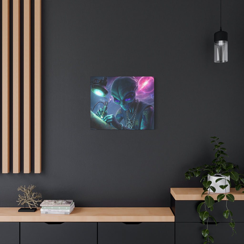 Alien Tattoo Artist Matte Canvas Print — Sci‑Fi Wall Art for Gamers & Nerd Decor