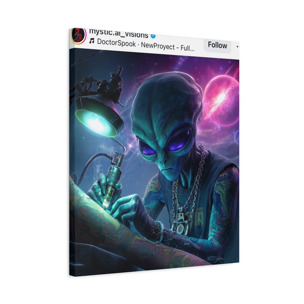 Alien Tattoo Artist Matte Canvas Print — Sci‑Fi Wall Art for Gamers & Nerd Decor