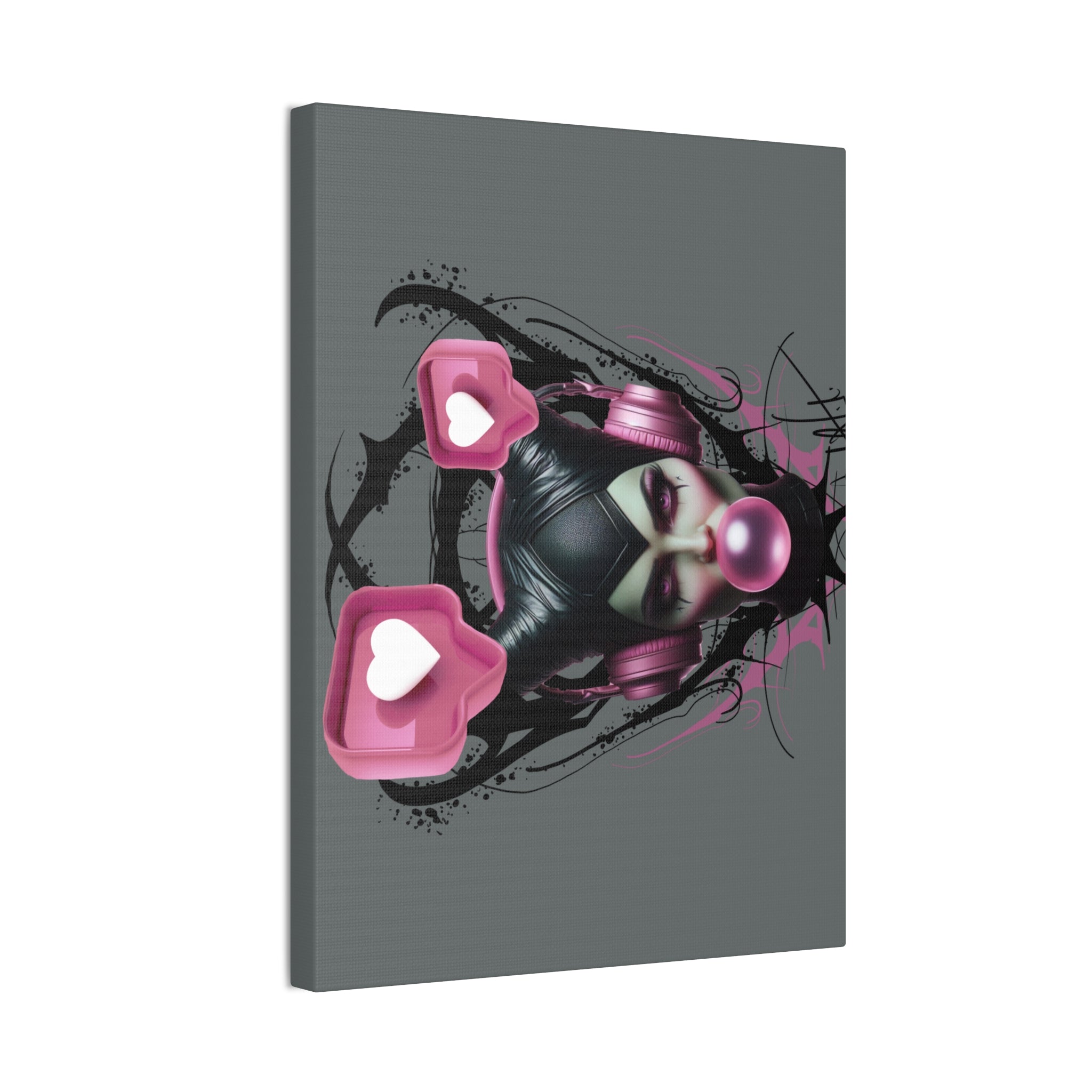 Gothic Pop Art Canvas Print — Pink Headphones & Bubblegum Femme