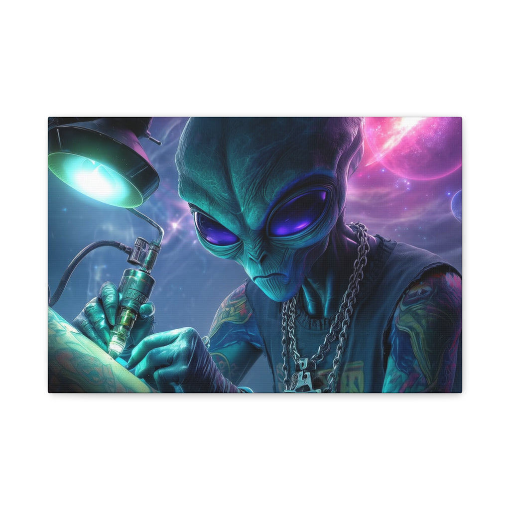 Alien Tattoo Artist Matte Canvas Print — Sci‑Fi Wall Art for Gamers & Nerd Decor