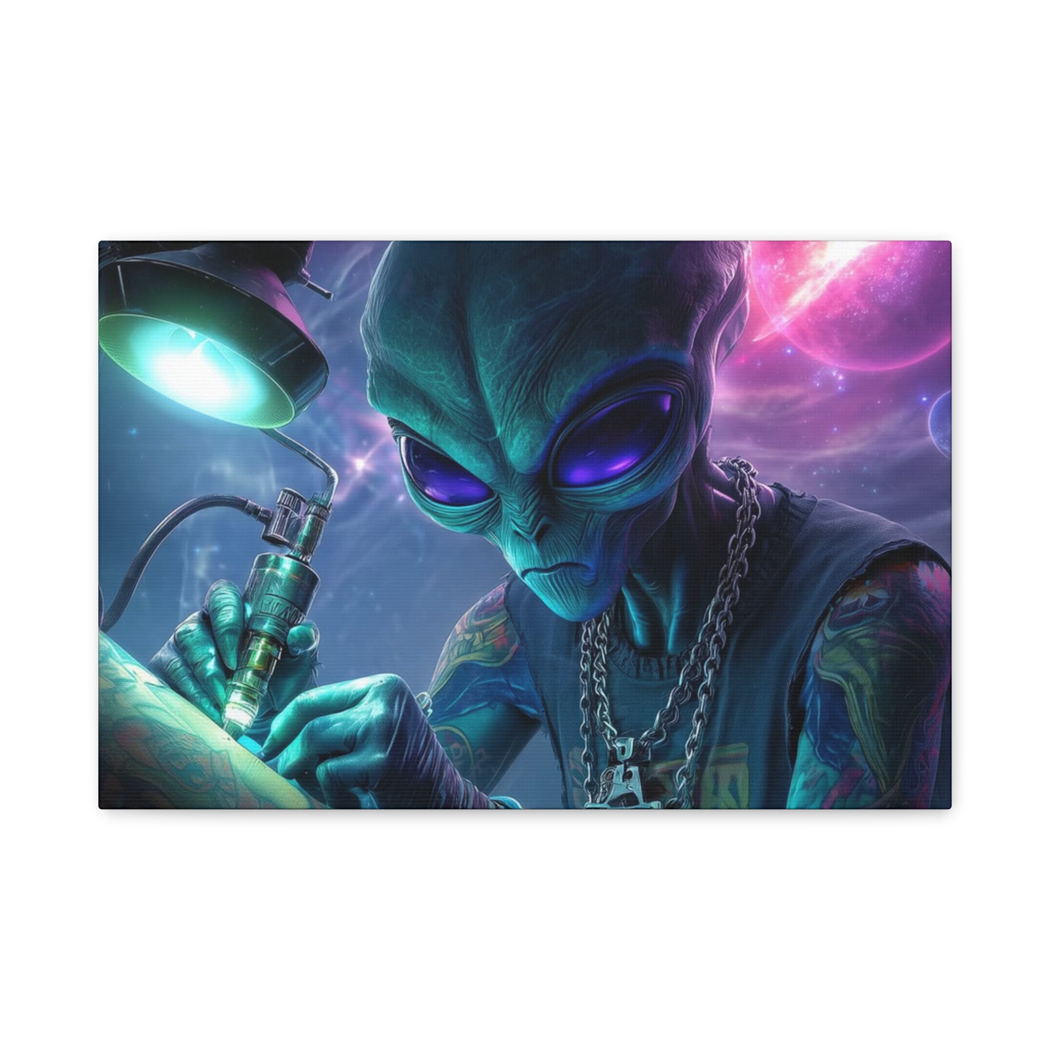 Alien Tattoo Artist Matte Canvas Print — Sci‑Fi Wall Art for Gamers & Nerd Decor