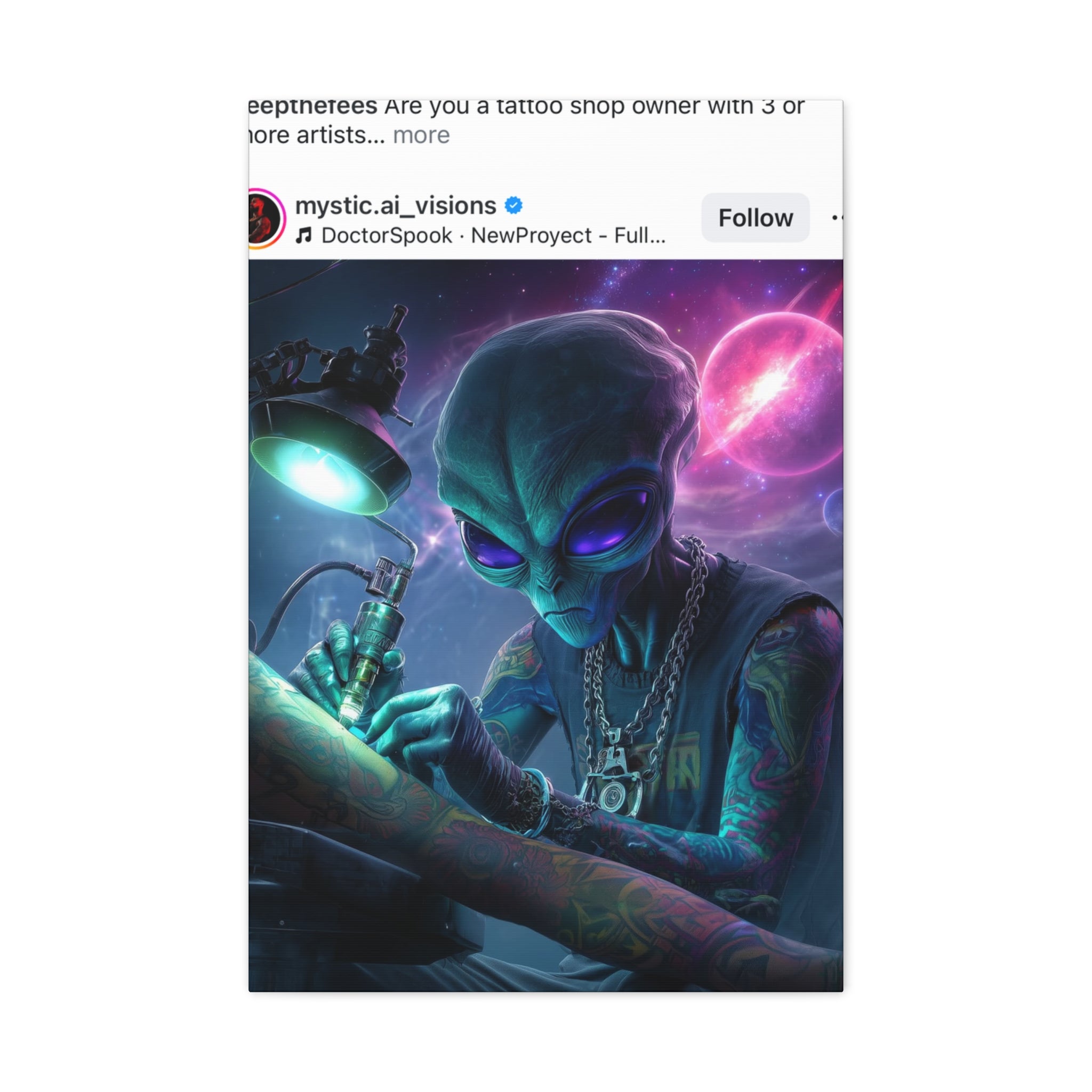 Alien Tattoo Artist Matte Canvas Print — Sci‑Fi Wall Art for Gamers & Nerd Decor