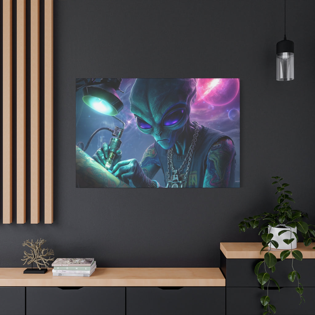 Alien Tattoo Artist Matte Canvas Print — Sci‑Fi Wall Art for Gamers & Nerd Decor