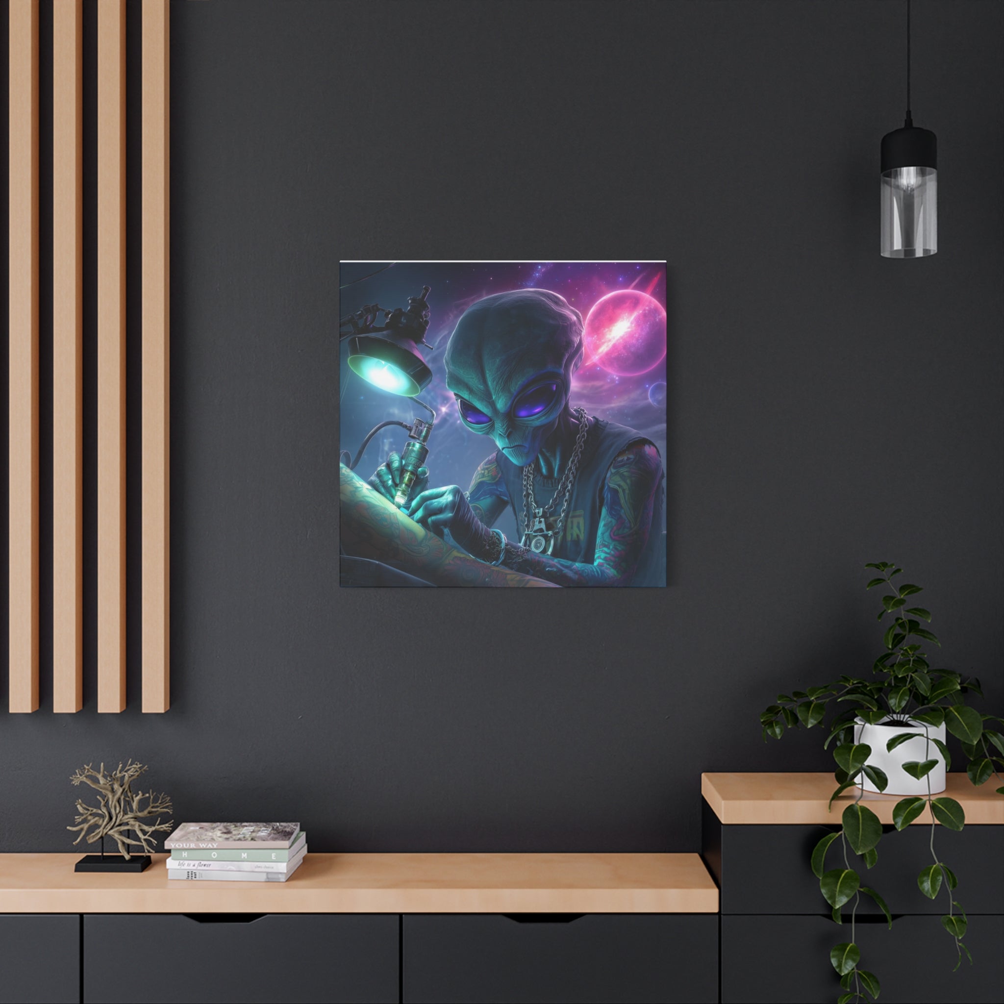 Alien Tattoo Artist Matte Canvas Print — Sci‑Fi Wall Art for Gamers & Nerd Decor