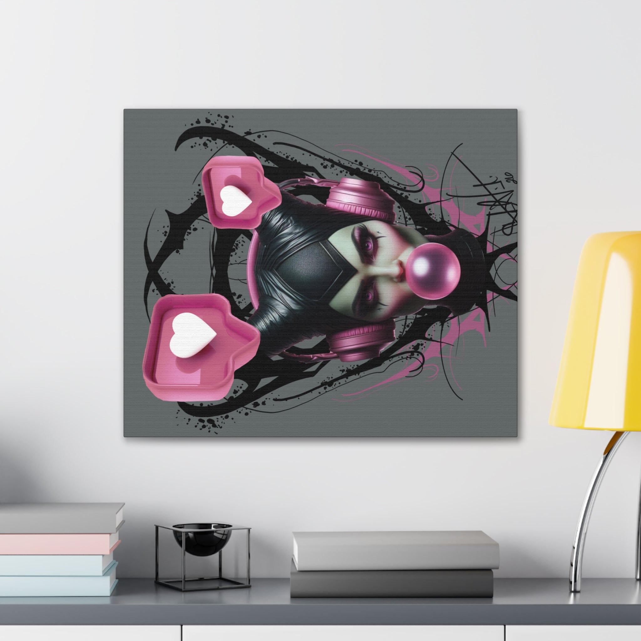 Gothic Pop Art Canvas Print — Pink Headphones & Bubblegum Femme