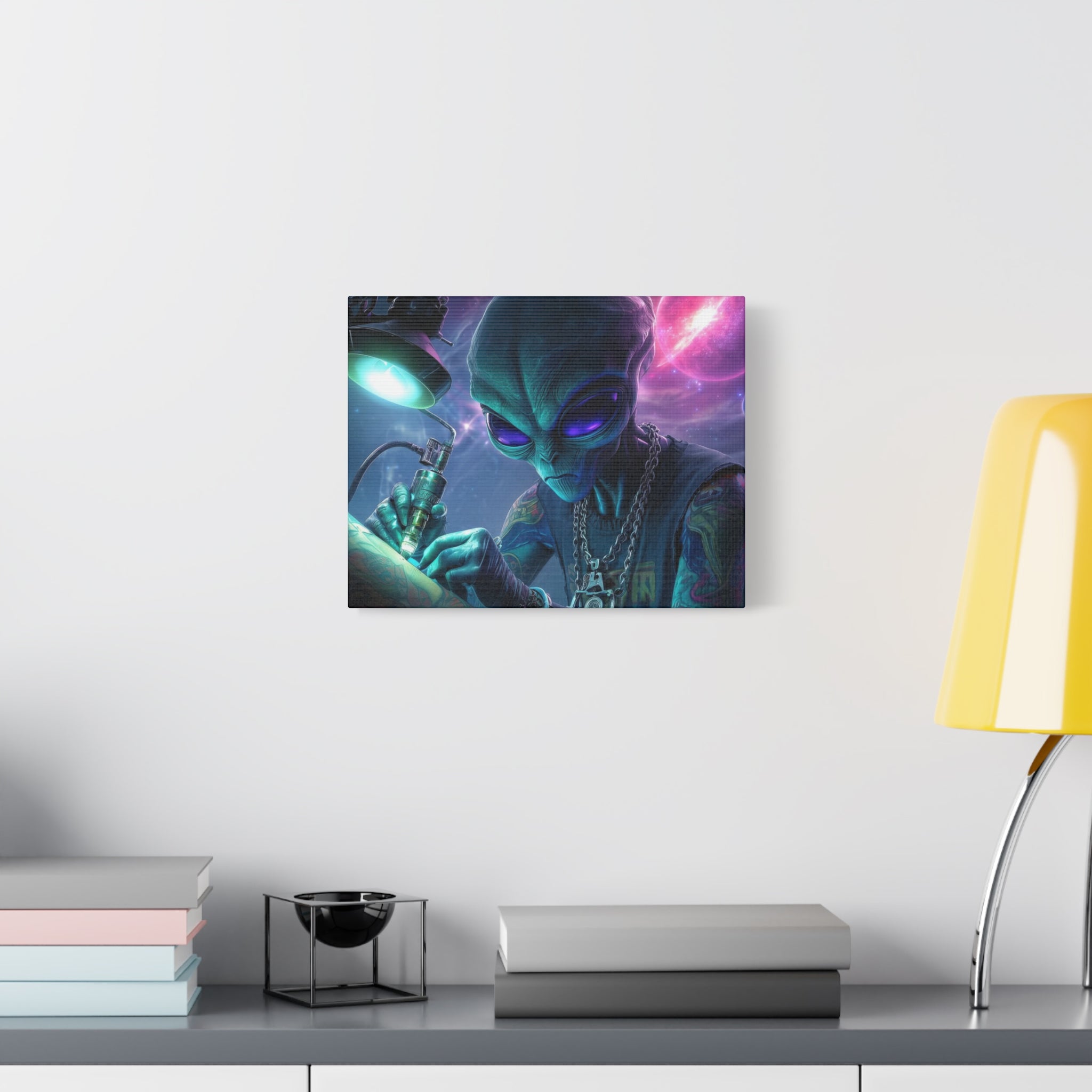 Alien Tattoo Artist Matte Canvas Print — Sci‑Fi Wall Art for Gamers & Nerd Decor