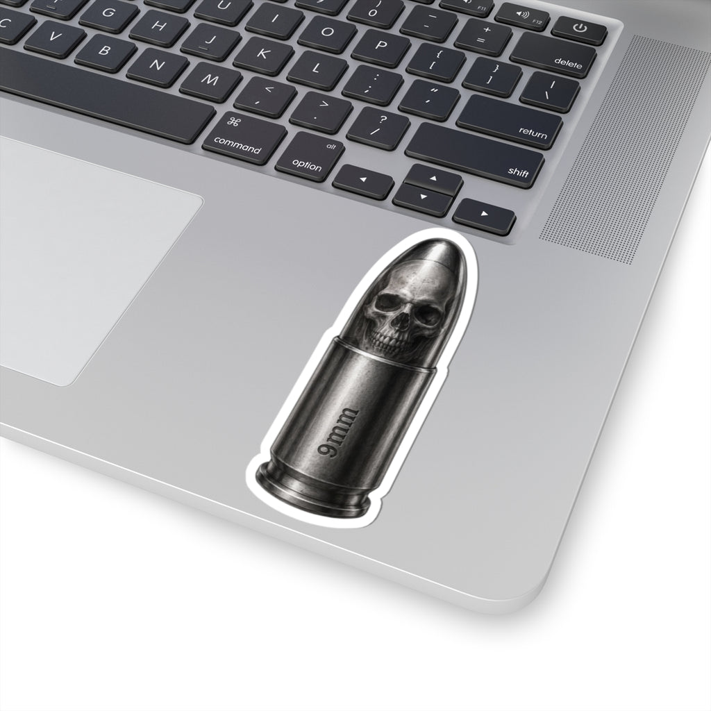 9mm Bullet Skull Sticker — Grunge Gothic Kiss-Cut Laptop Decal