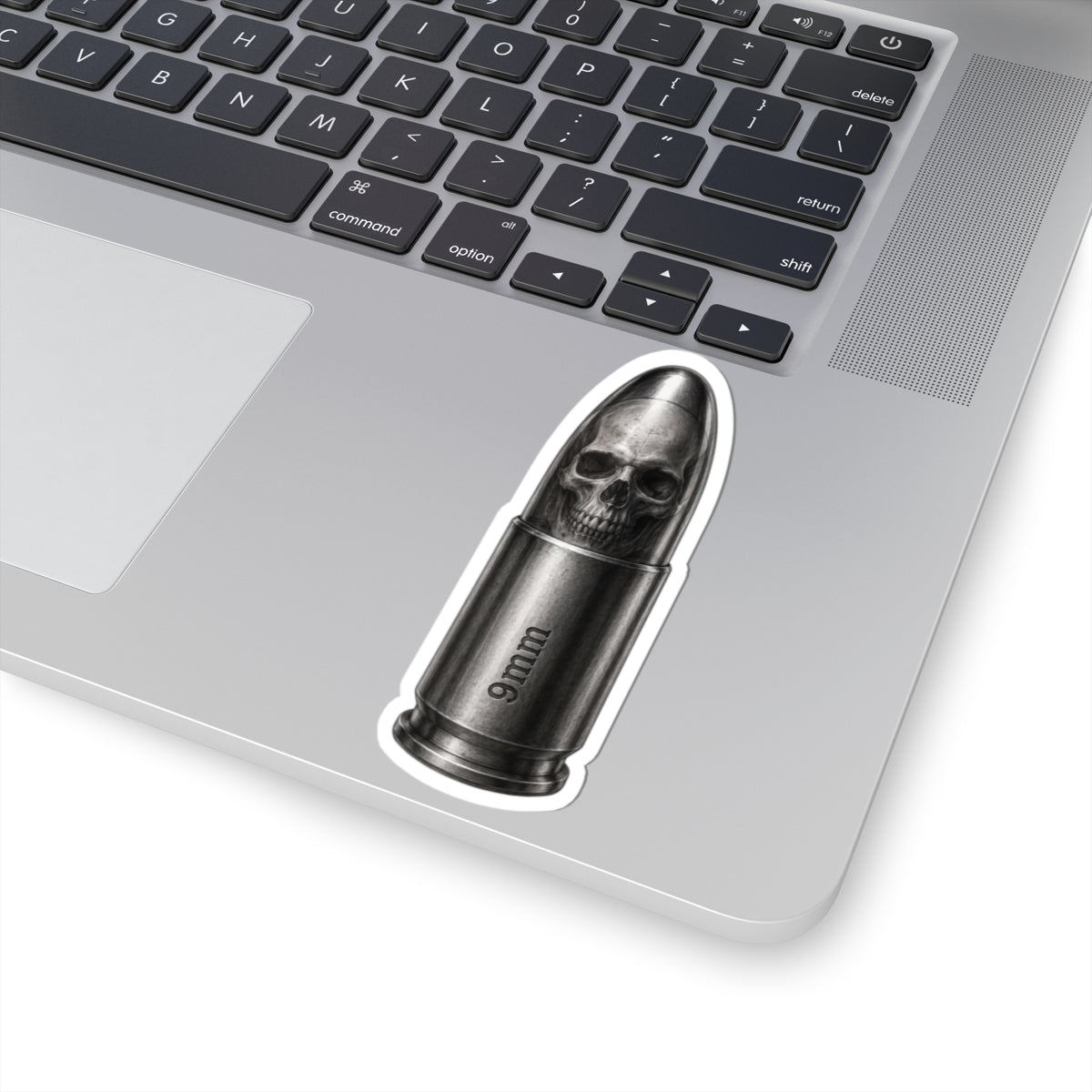 9mm Bullet Skull Sticker — Grunge Gothic Kiss-Cut Laptop Decal
