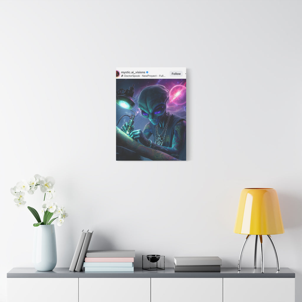 Alien Tattoo Artist Matte Canvas Print — Sci‑Fi Wall Art for Gamers & Nerd Decor