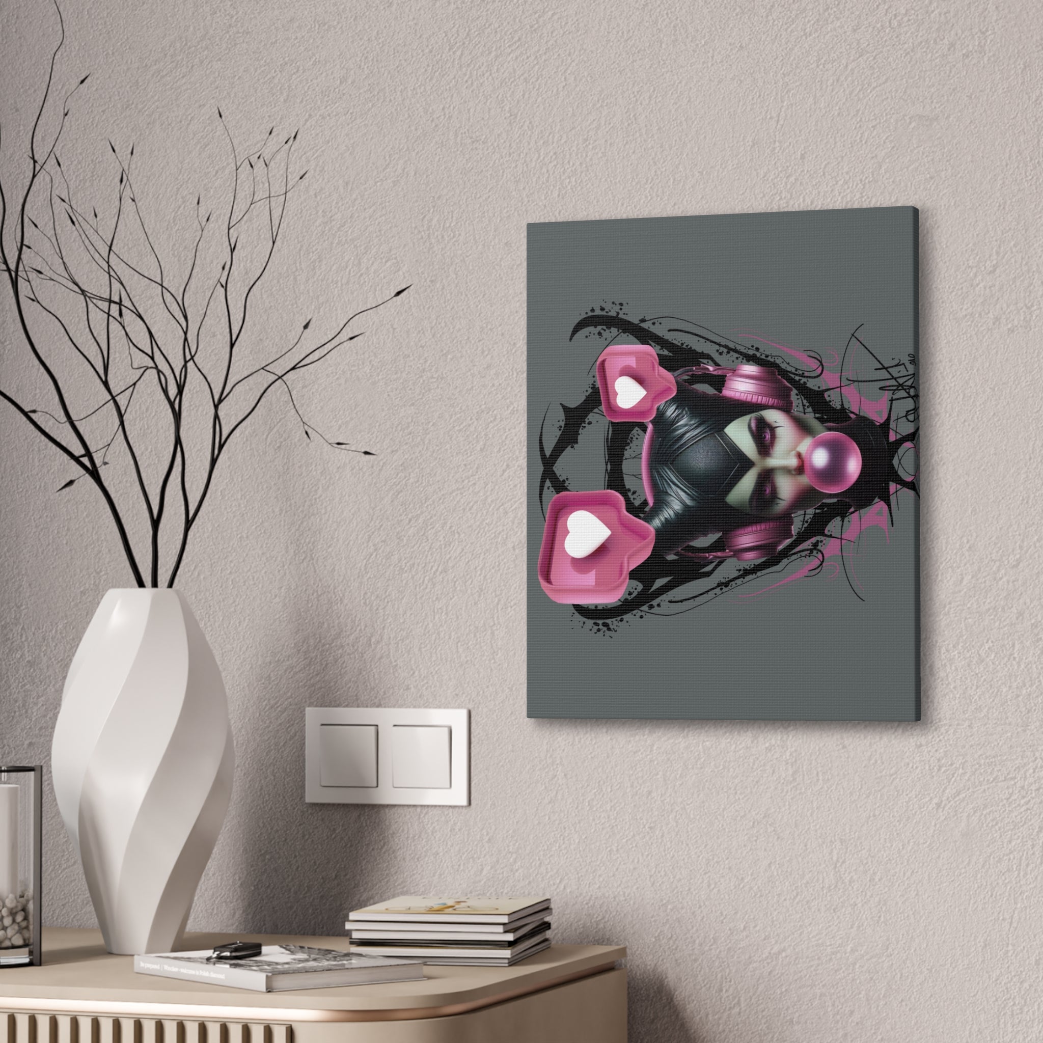 Gothic Pop Art Canvas Print — Pink Headphones & Bubblegum Femme