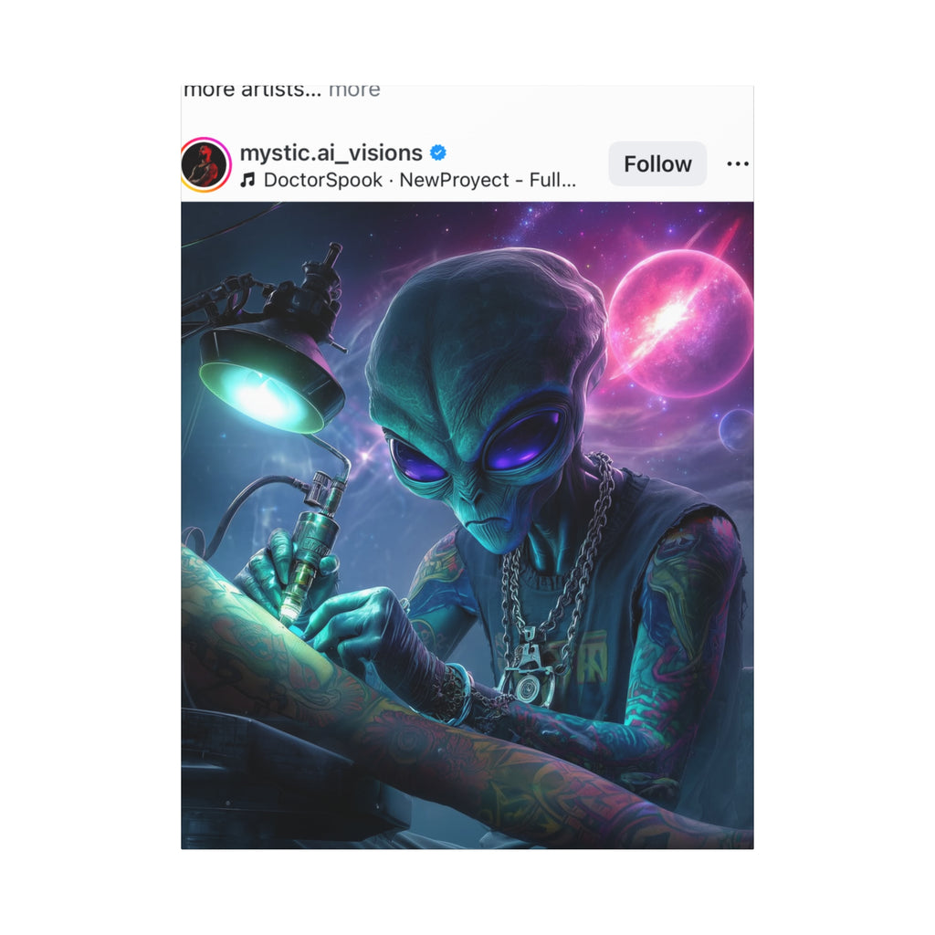 Alien Tattoo Artist Matte Canvas Print — Sci‑Fi Wall Art for Gamers & Nerd Decor