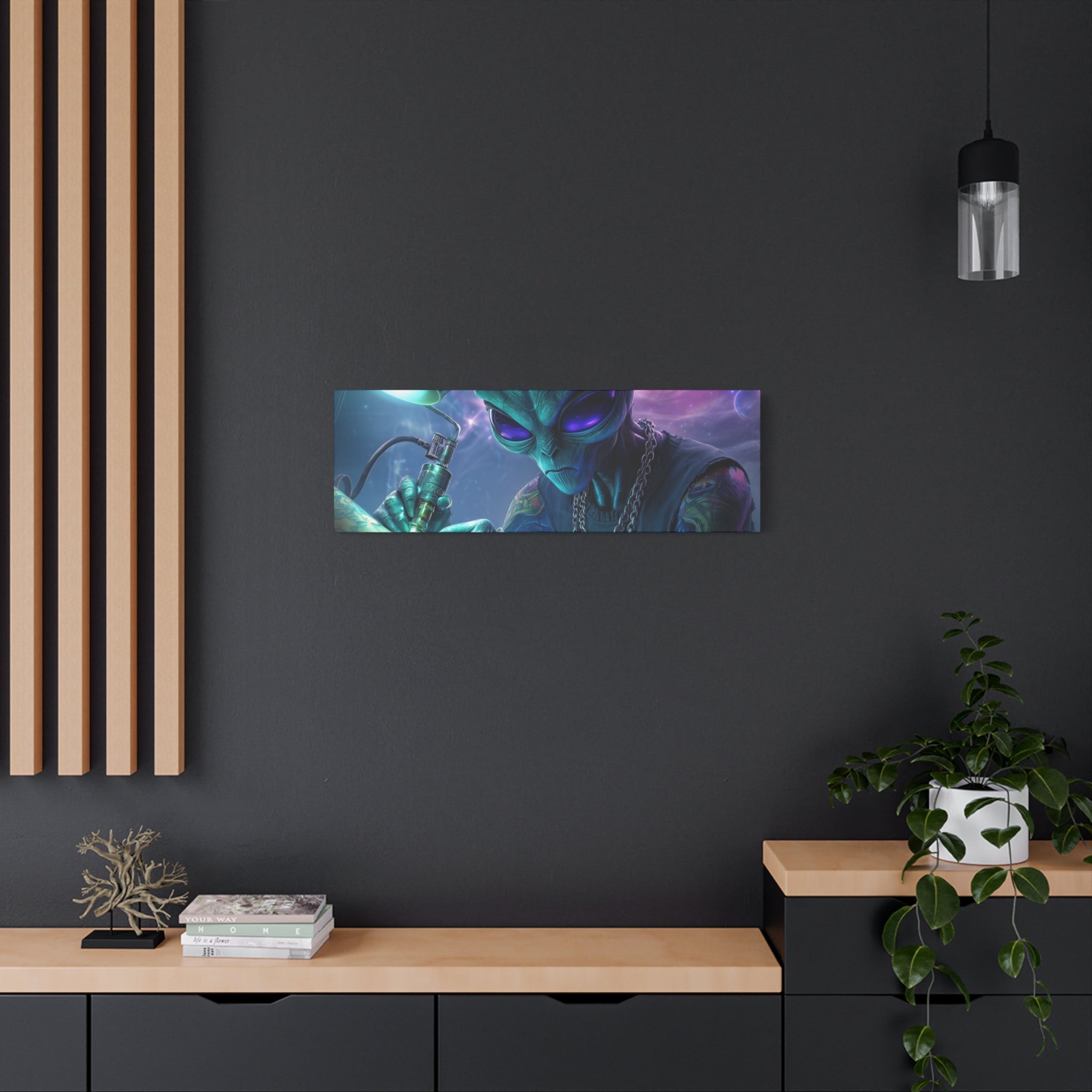 Alien Tattoo Artist Matte Canvas Print — Sci‑Fi Wall Art for Gamers & Nerd Decor