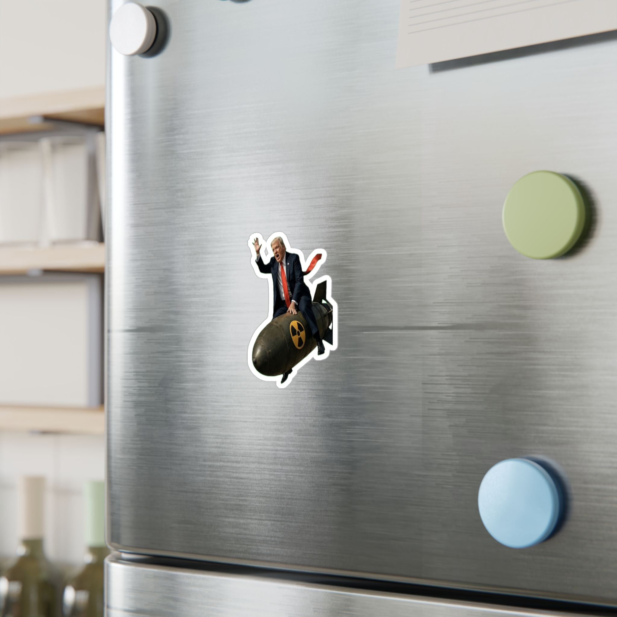 Political Satire Vinyl Sticker — Man Riding Nuclear Bomb Kiss-Cut Decal