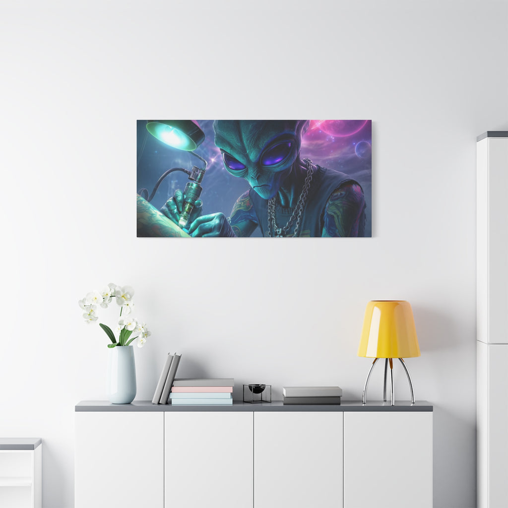 Alien Tattoo Artist Matte Canvas Print — Sci‑Fi Wall Art for Gamers & Nerd Decor