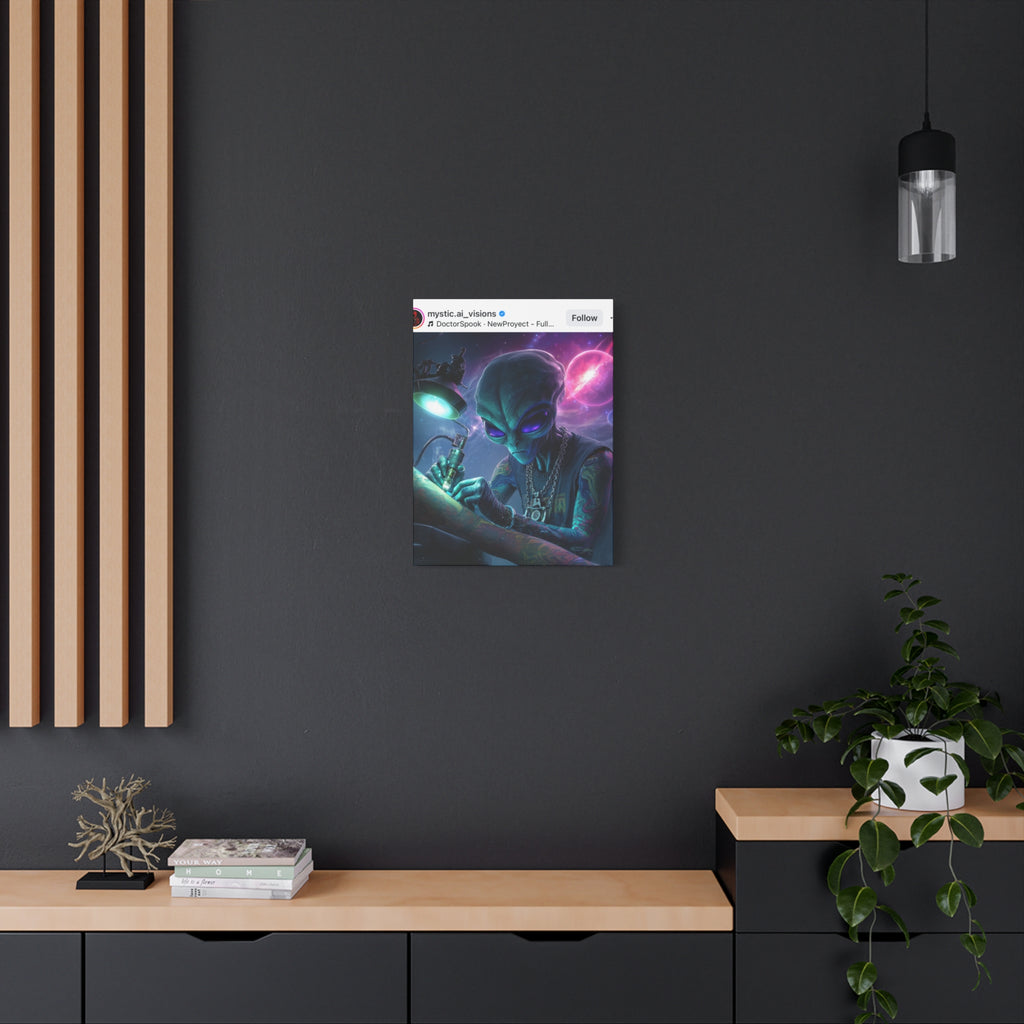 Alien Tattoo Artist Matte Canvas Print — Sci‑Fi Wall Art for Gamers & Nerd Decor