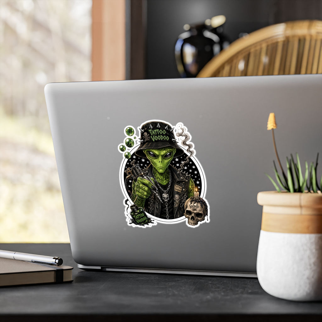 Alien Voodoo Tattoo Kiss-Cut Vinyl Decal — Green Alien with Skull & Smoke