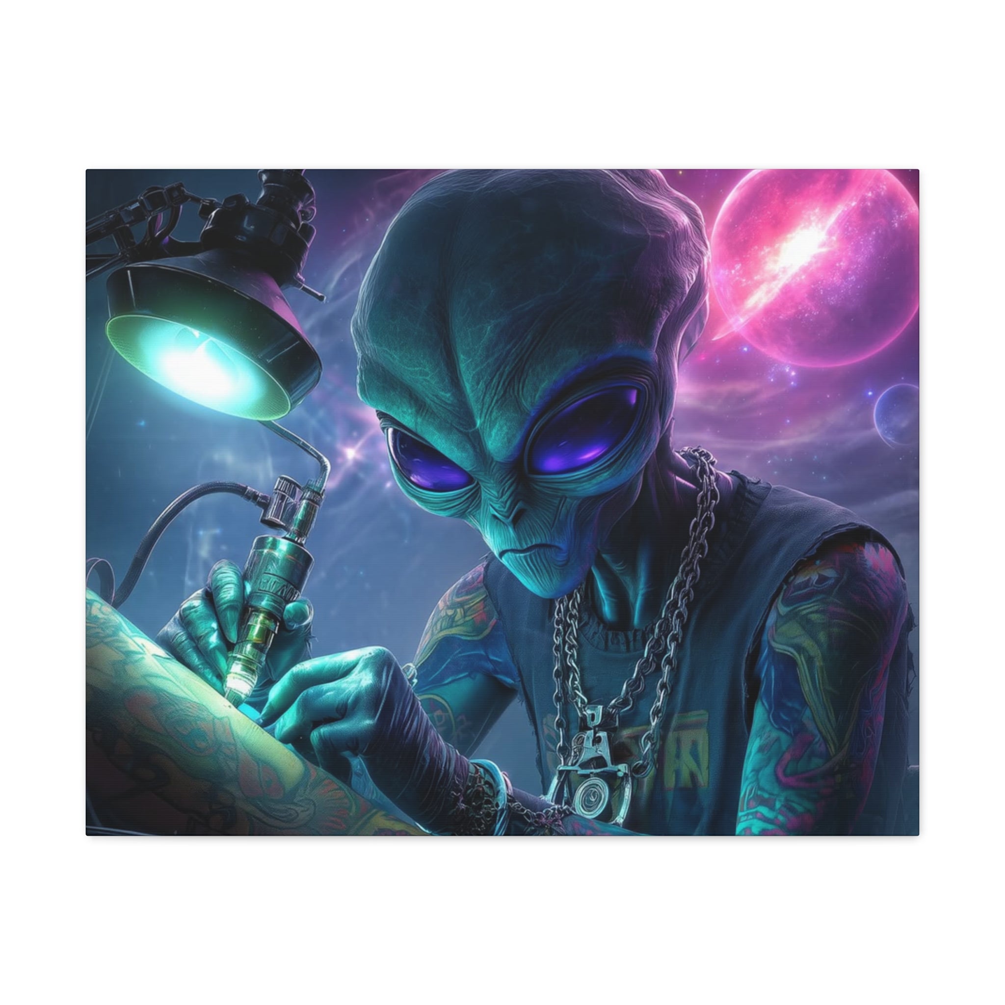 Alien Tattoo Artist Matte Canvas Print — Sci‑Fi Wall Art for Gamers & Nerd Decor