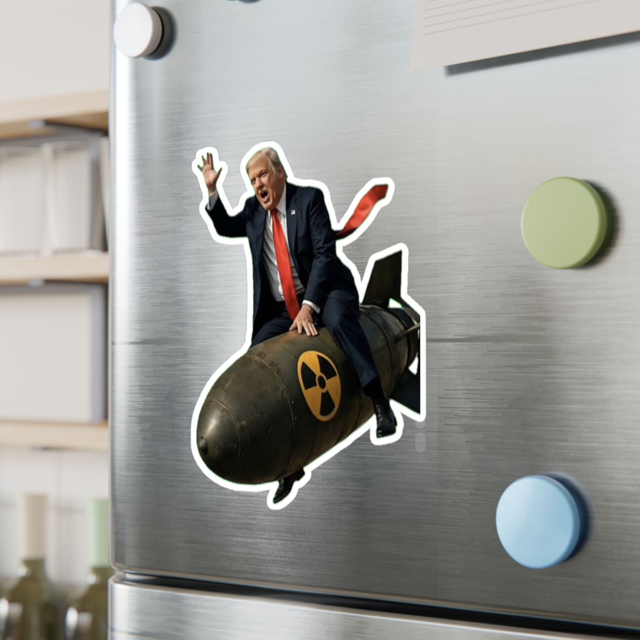 Political Satire Vinyl Sticker — Man Riding Nuclear Bomb Kiss-Cut Decal
