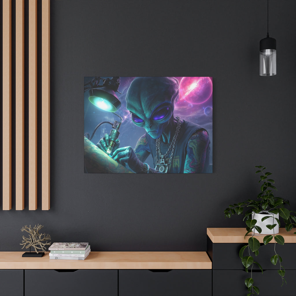 Alien Tattoo Artist Matte Canvas Print — Sci‑Fi Wall Art for Gamers & Nerd Decor